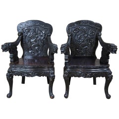 2 Antique Chinese Export Hight Relief Dragon Carved Elm Dining Throne Chairs