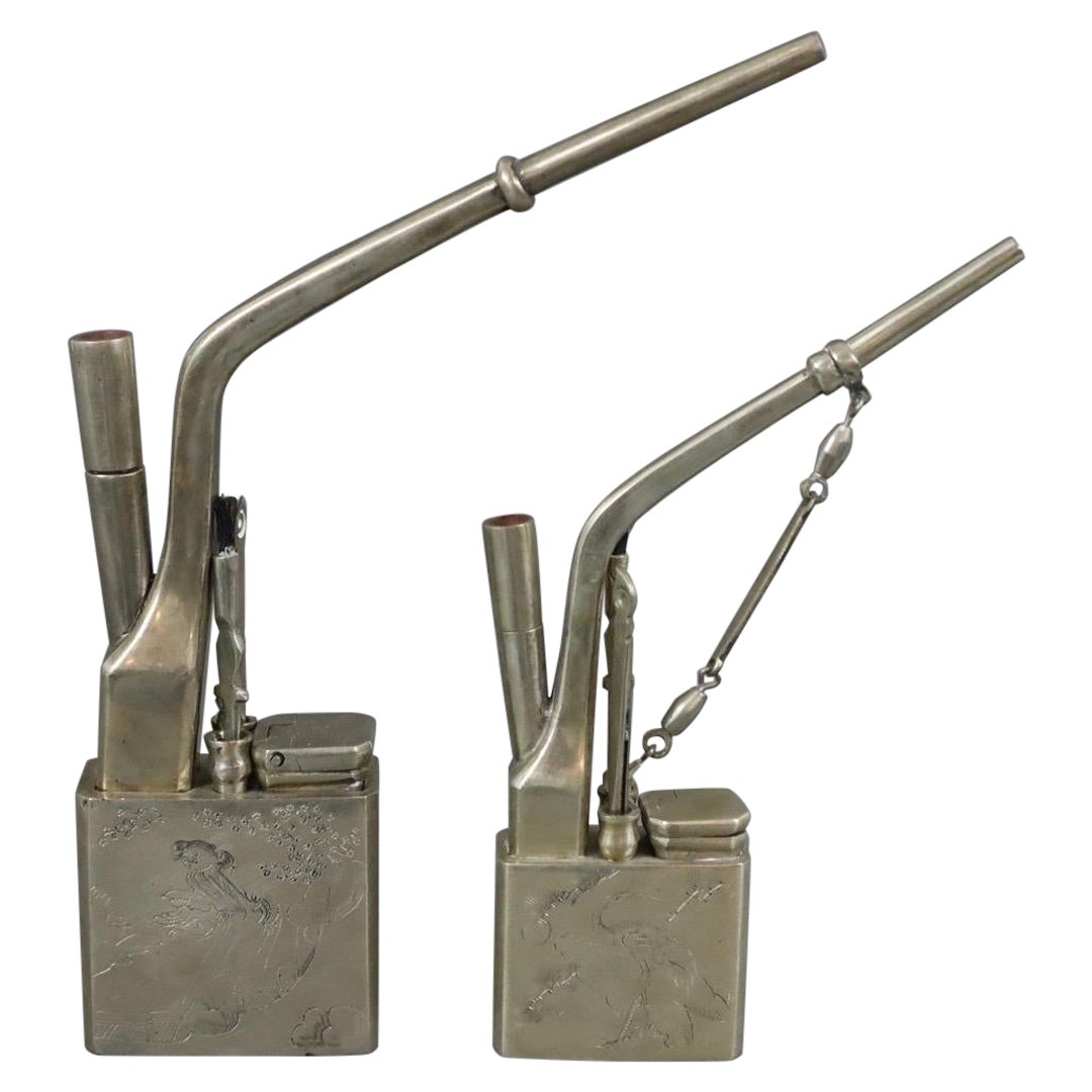 2 pipes chinoises anciennes en opium, objets décoratifs argentés, Chine, vers 1900 en vente