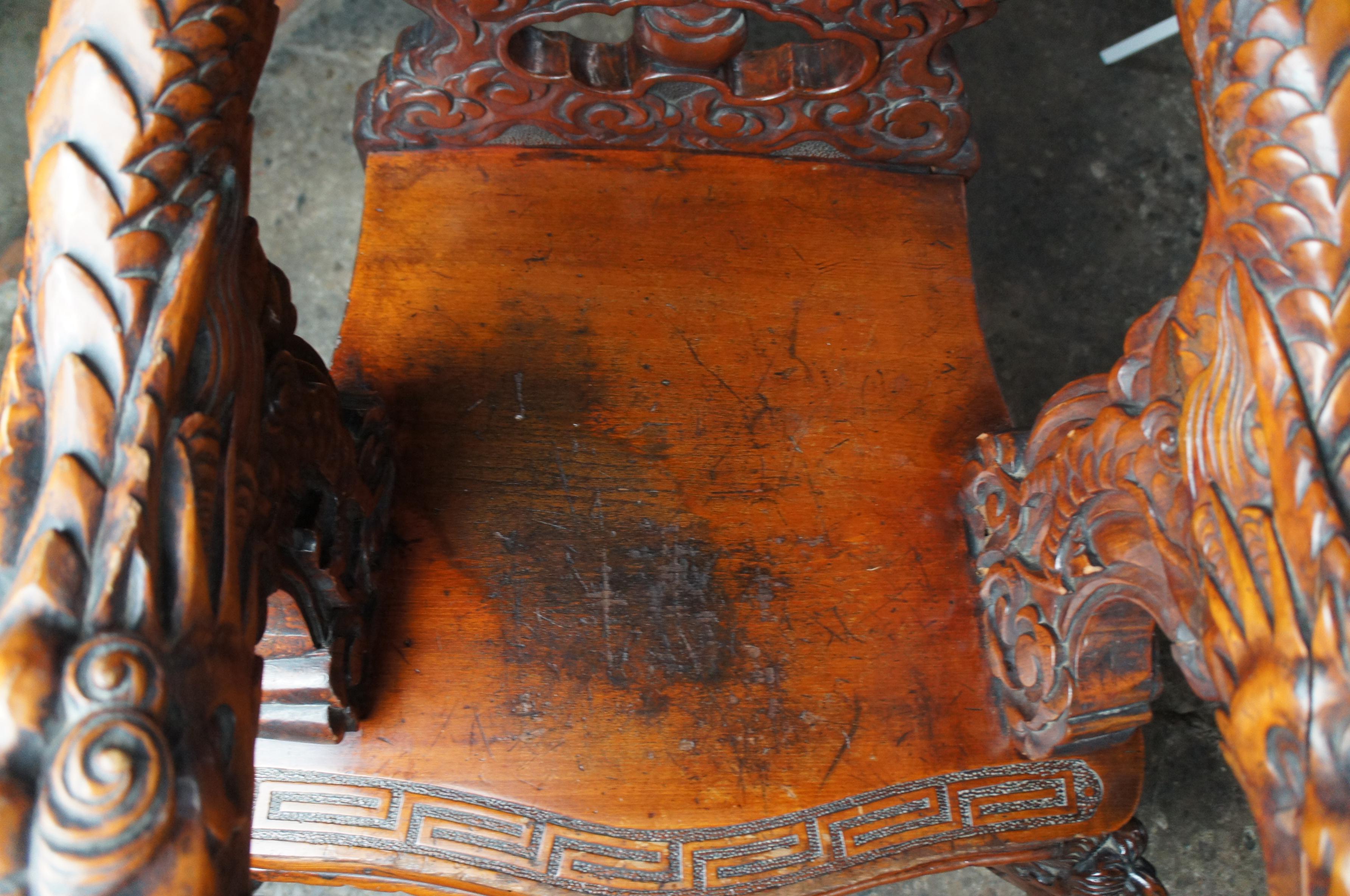2 Antique Japanese Imperial Meiji Elm High Relief Carved Dragon Throne Armchair In Good Condition For Sale In Dayton, OH