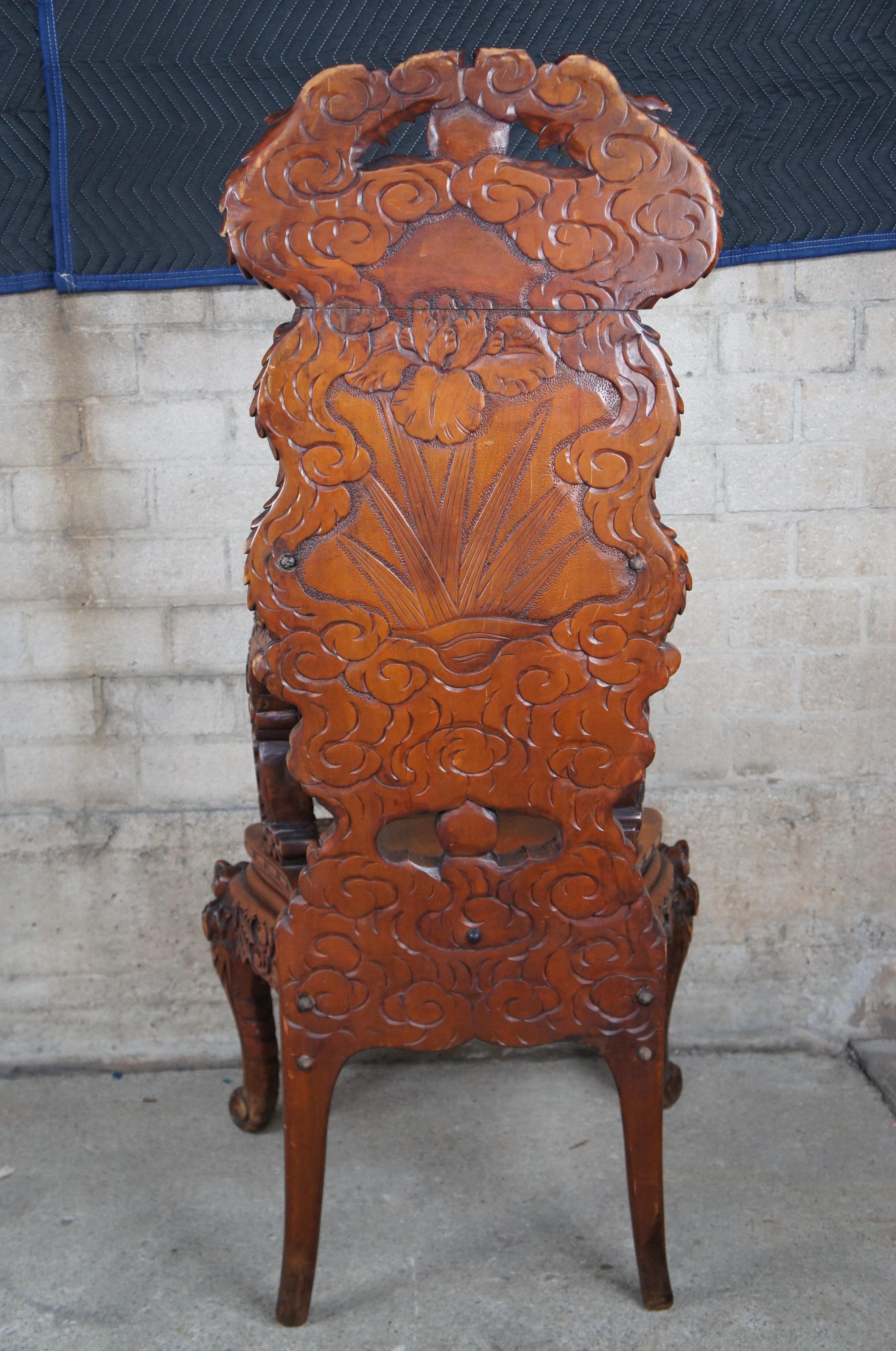 20th Century 2 Antique Japanese Imperial Meiji Elm High Relief Carved Dragon Throne Armchair For Sale
