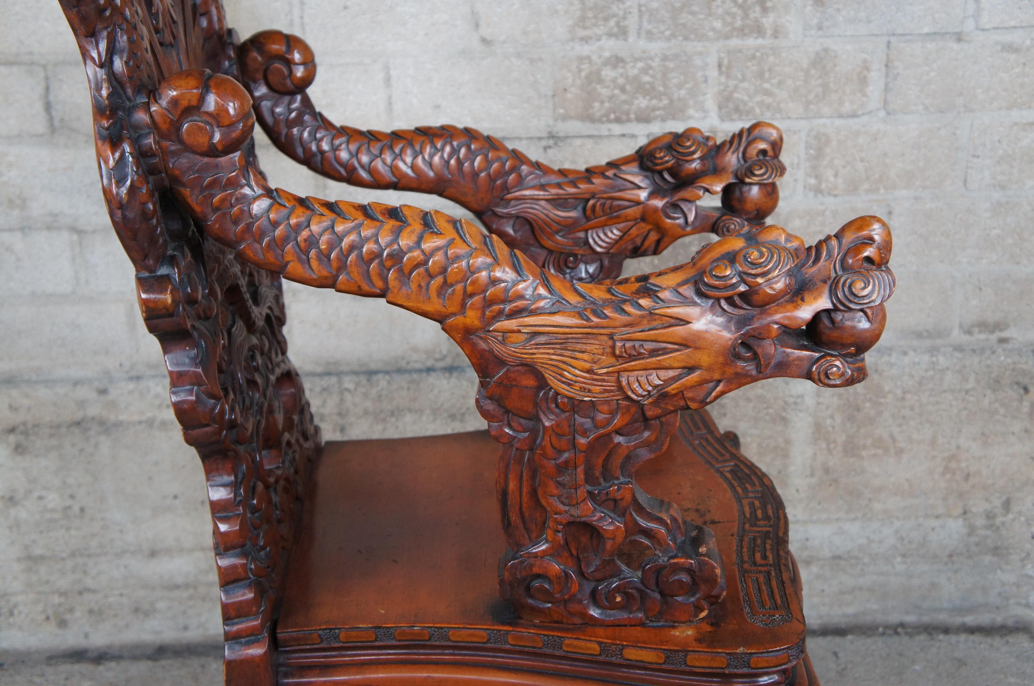 2 Antique Japanese Imperial Meiji Elm High Relief Carved Dragon Throne Armchair For Sale 1