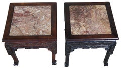 2 Antique Chinese Qing Dynasty Rosewood Marble Ball Claw Side Tables Plant Stand