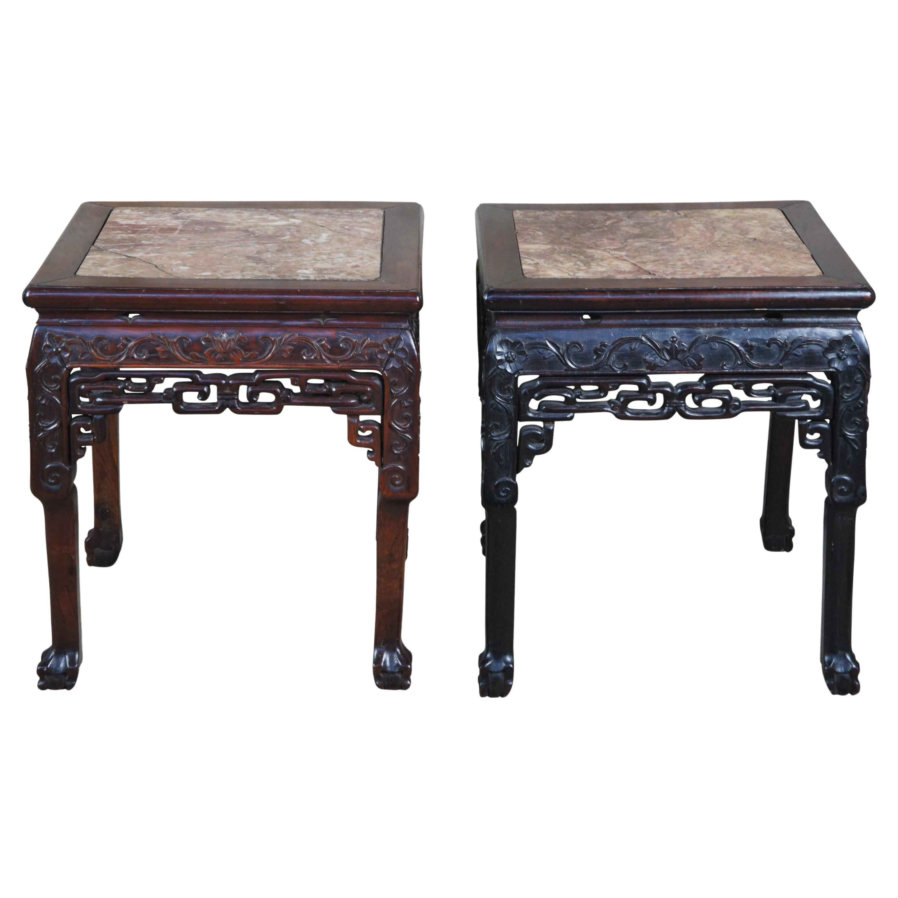 2 Antique Chinese Qing Dynasty Rosewood Marble Ball Claw Side Tables Plant Stand