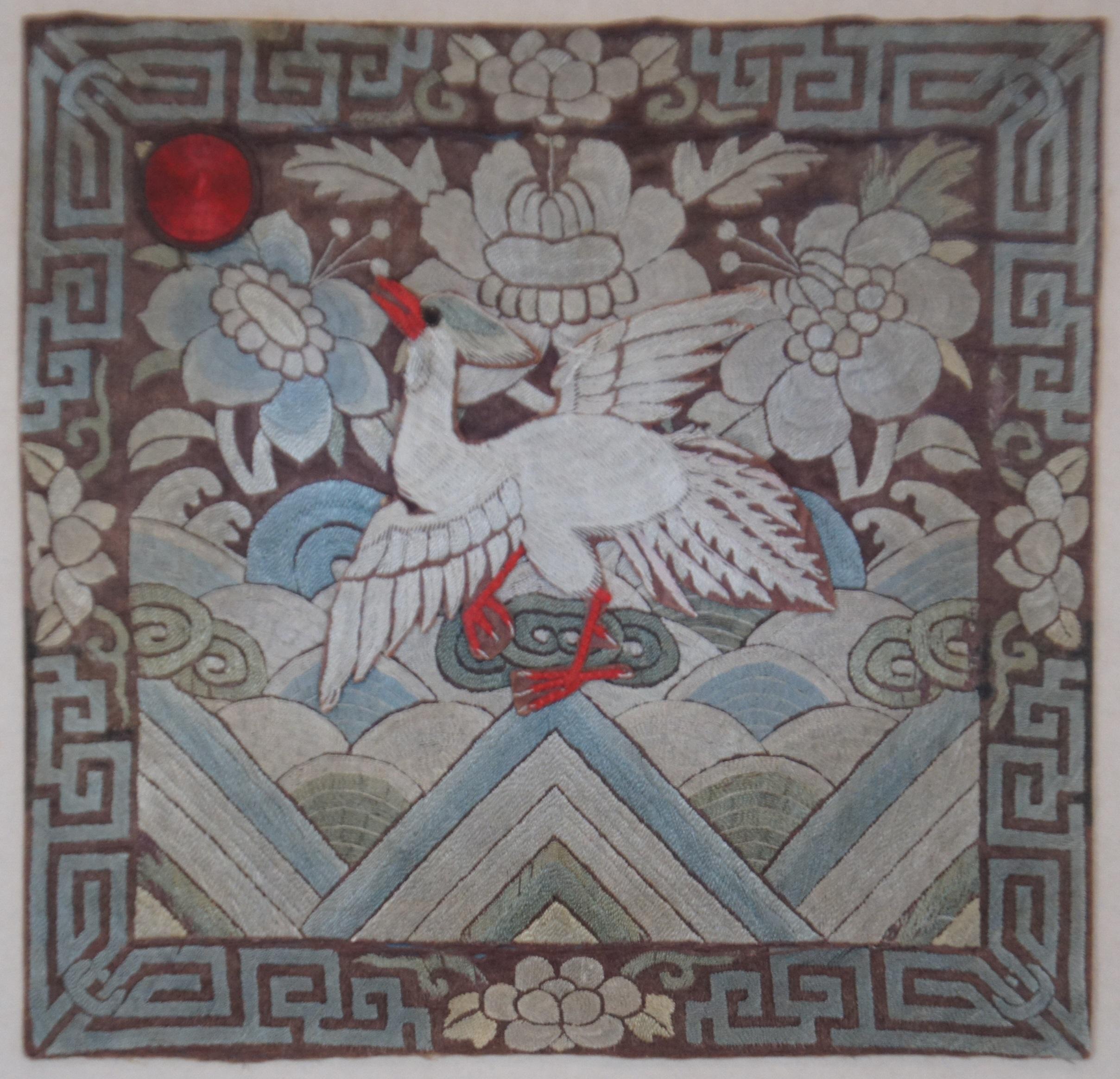 20th Century 2 Antique Chinese Qing Dynasty Silk Court Rank Military Crane Buzi Badges