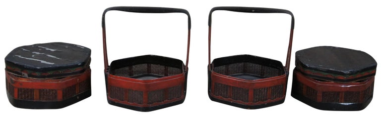 Chinoiserie 2 Antique Chinese Red & Black Lacquer Bamboo Rattan Nested Picnic Wedding Basket For Sale