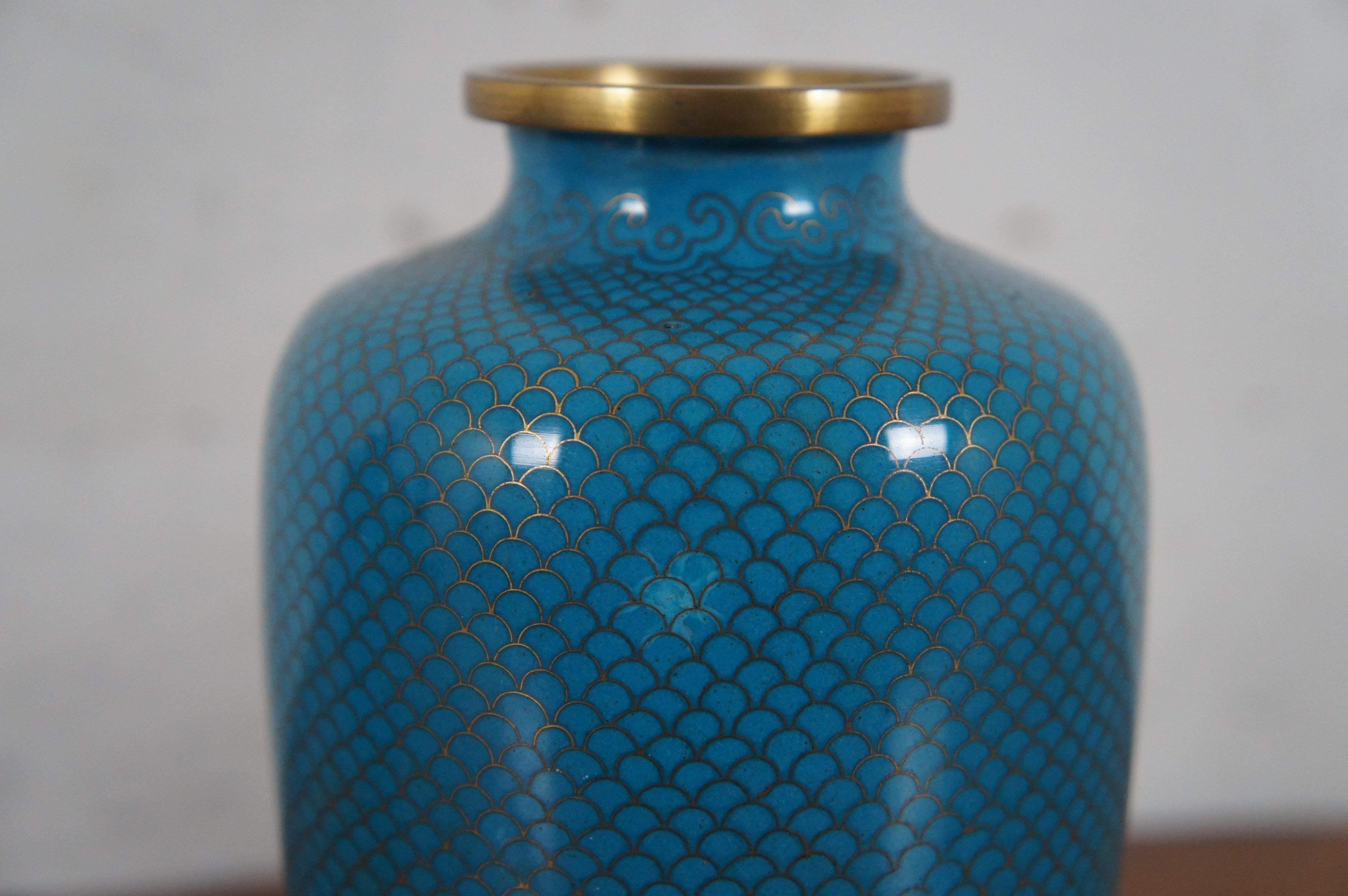 2 Antique Chinese Turquoise Blue Enameled Fish Scale Cloisonne Vases Urns 7.5