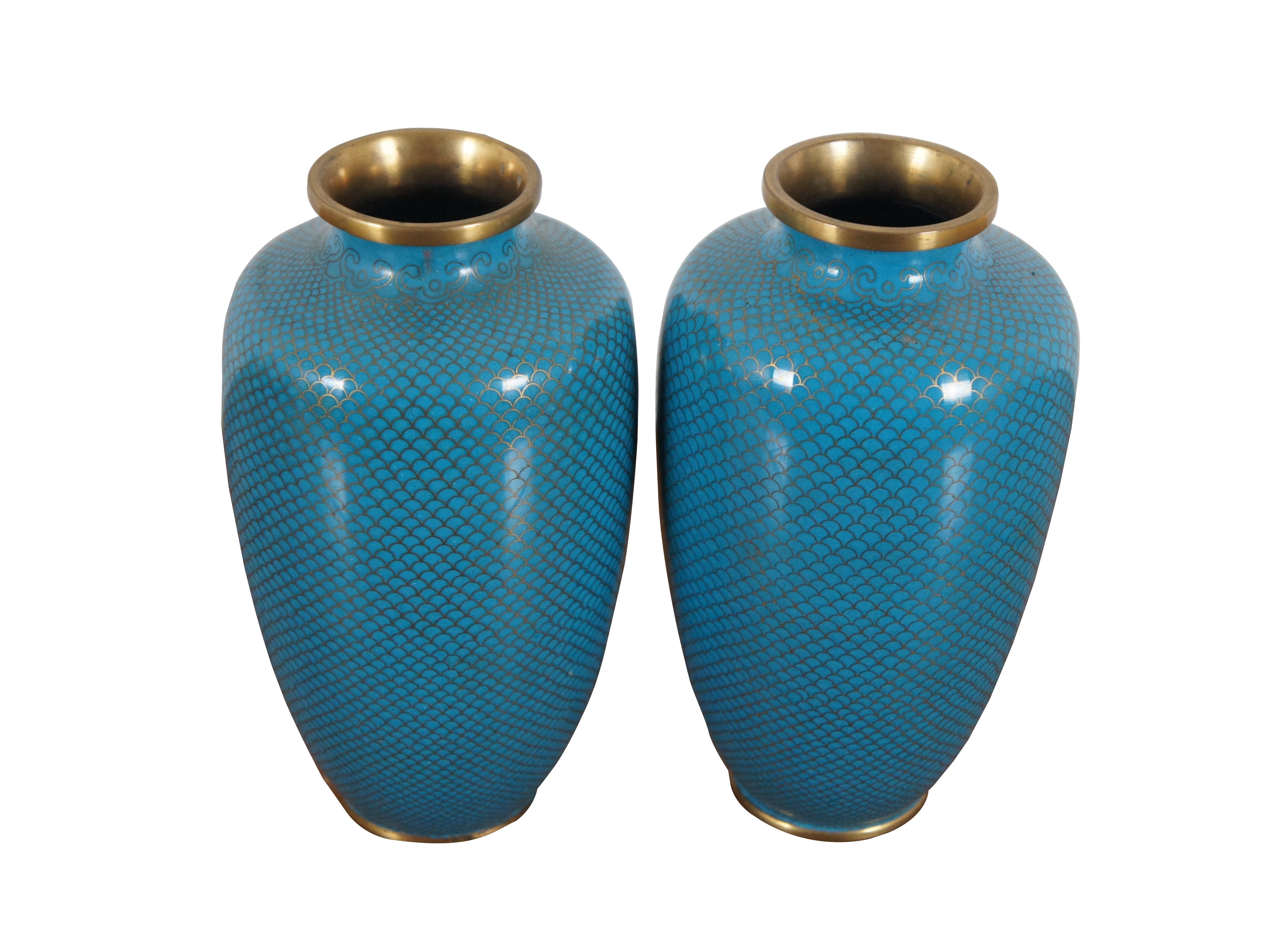 Vintage pair of Chinese cloisonné enameled vases featuring a simple fish scale design in blue / turquoise. Marked China on base. Circa 1890s-1910


Dimensions:
4