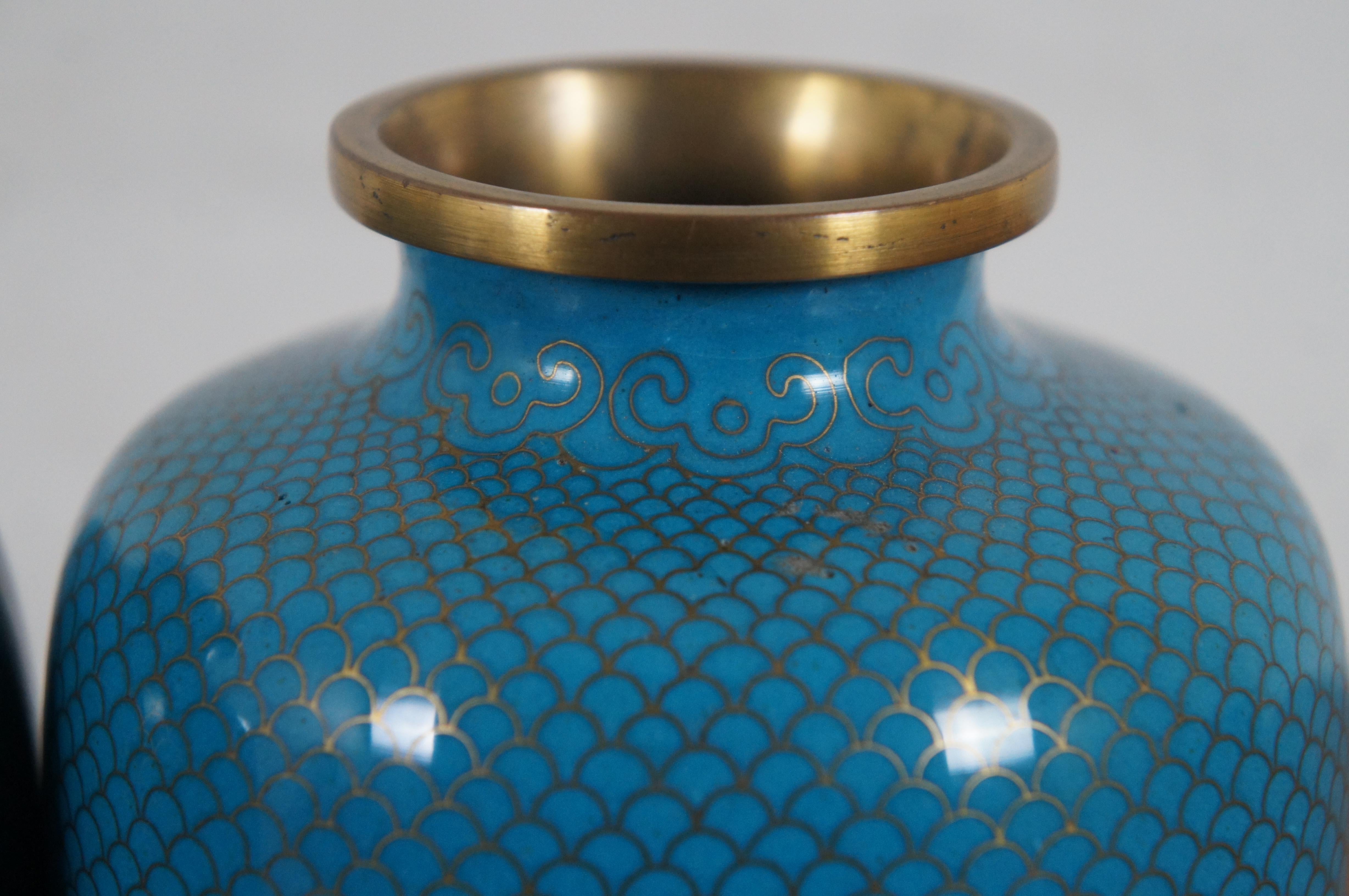 19th Century 2 Antique Chinese Turquoise Blue Enameled Fish Scale Cloisonne Vases Urns 7.5