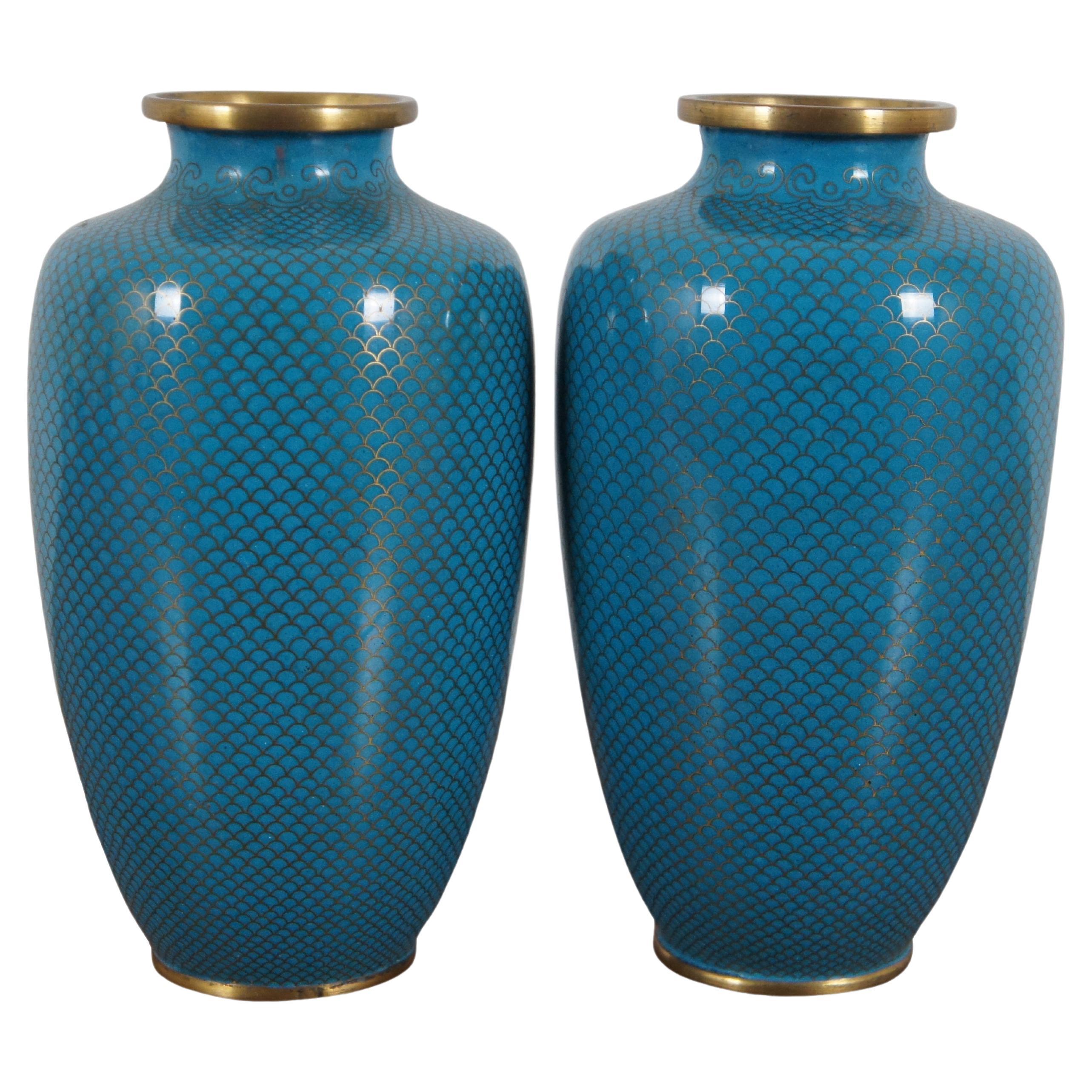 2 Antique Chinese Turquoise Blue Enameled Fish Scale Cloisonne Vases Urns 7.5"