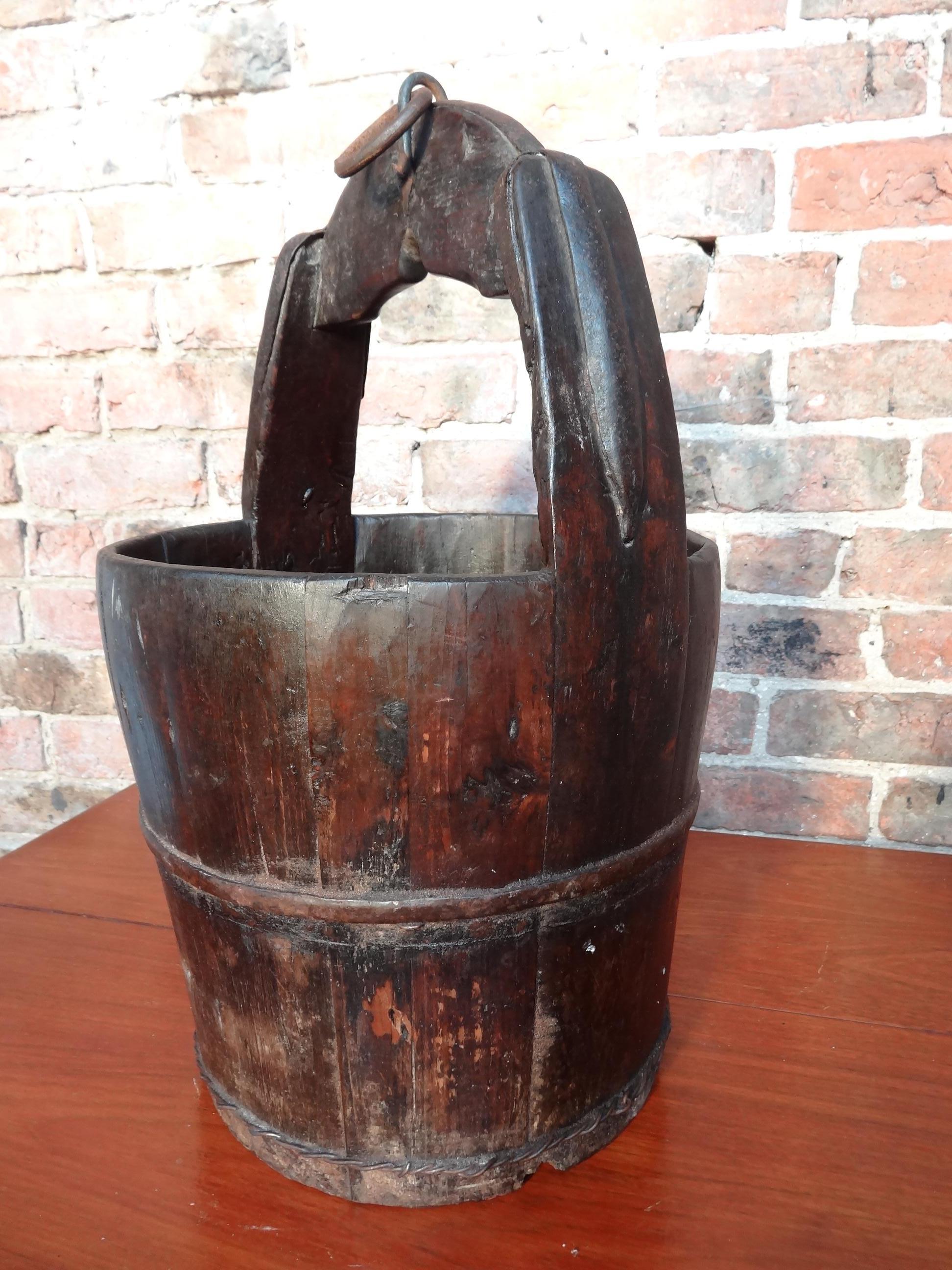 2 Antique Chinese Water Bucket in Dark and Light Wood For Sale 2