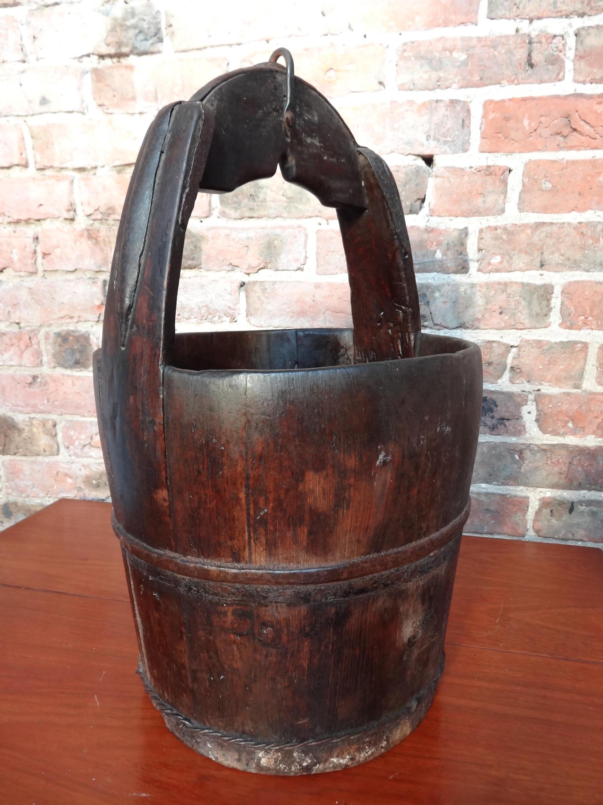 Late Victorian 2 Antique Chinese Water Bucket in Dark and Light Wood For Sale