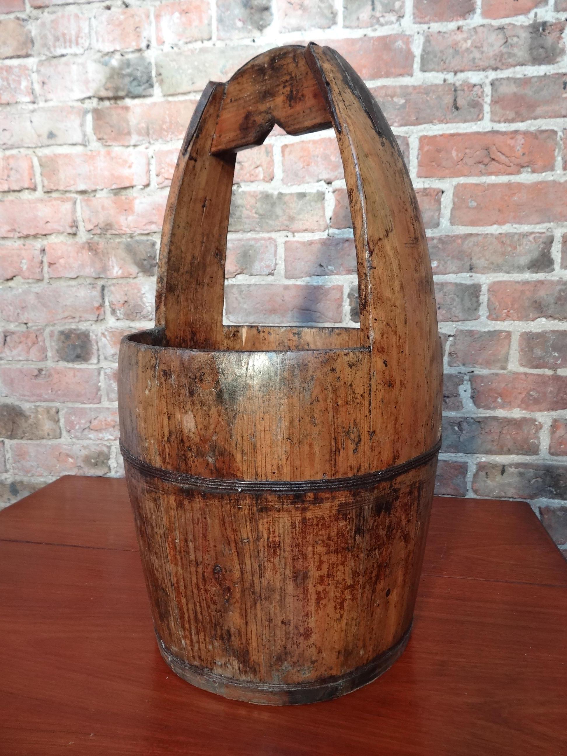 2 Antique Chinese Water Bucket in Dark and Light Wood In Good Condition For Sale In Markington, GB
