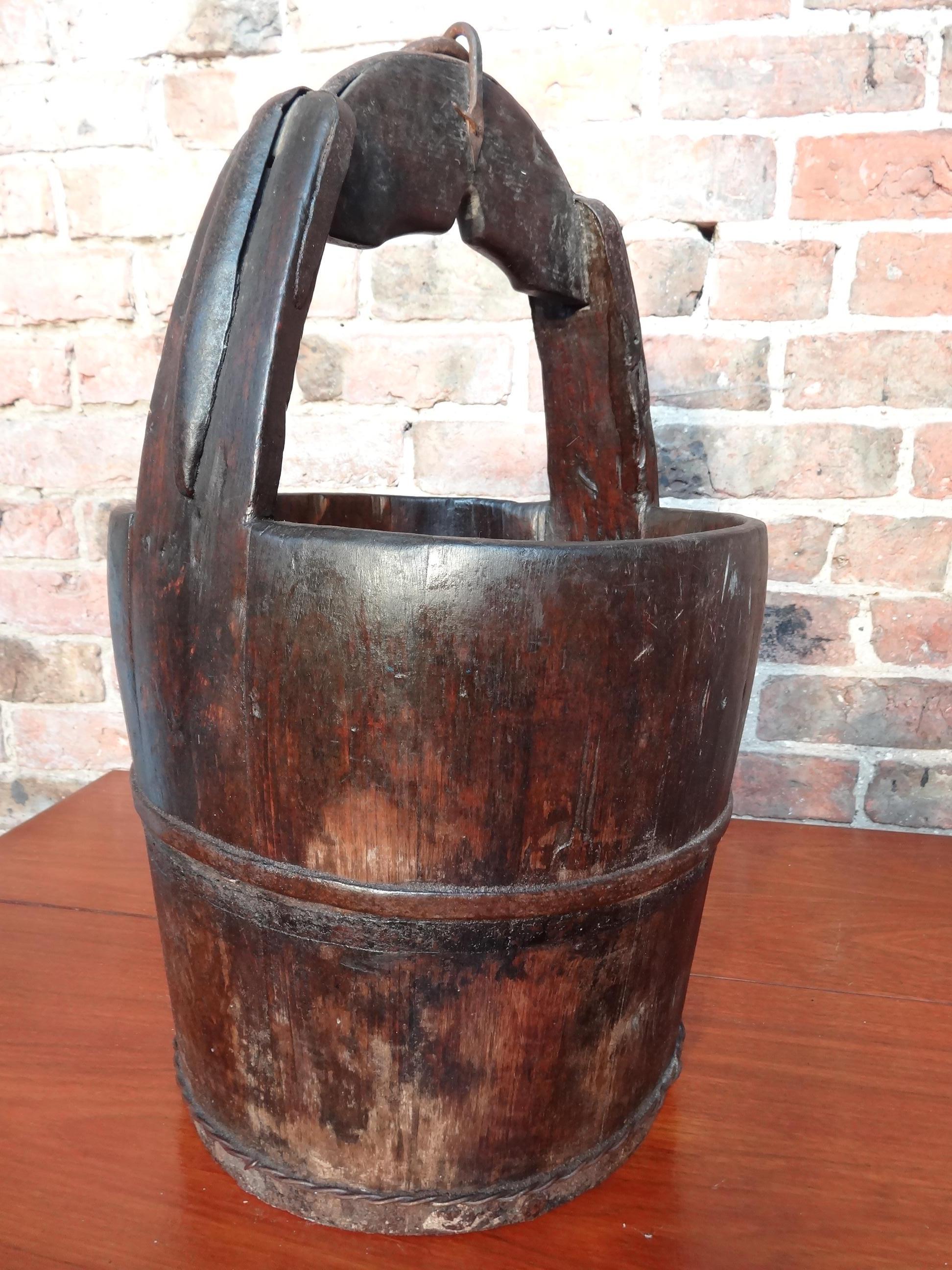 2 Antique Chinese Water Bucket in Dark and Light Wood For Sale 1