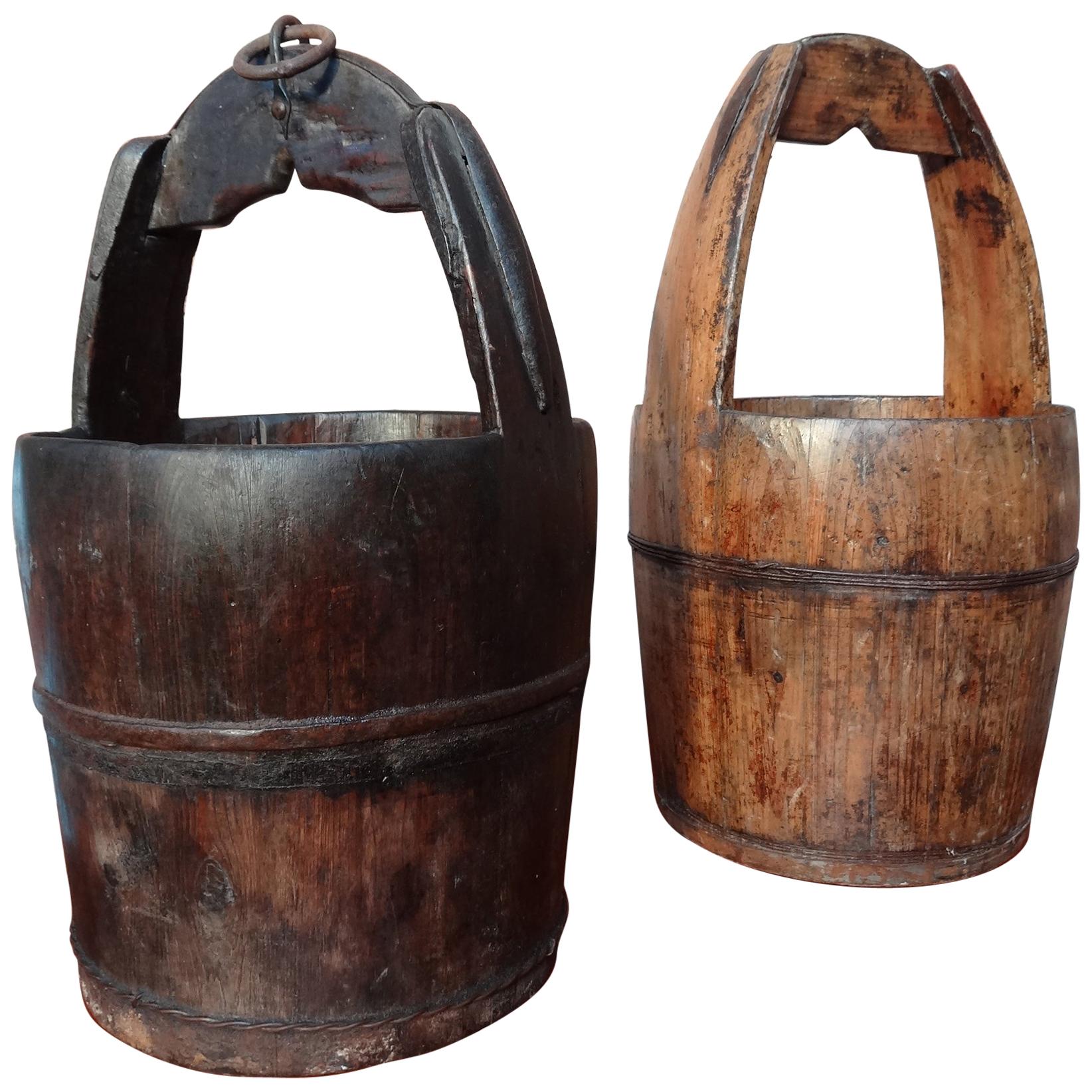 2 Antique Chinese Water Bucket in Dark and Light Wood For Sale