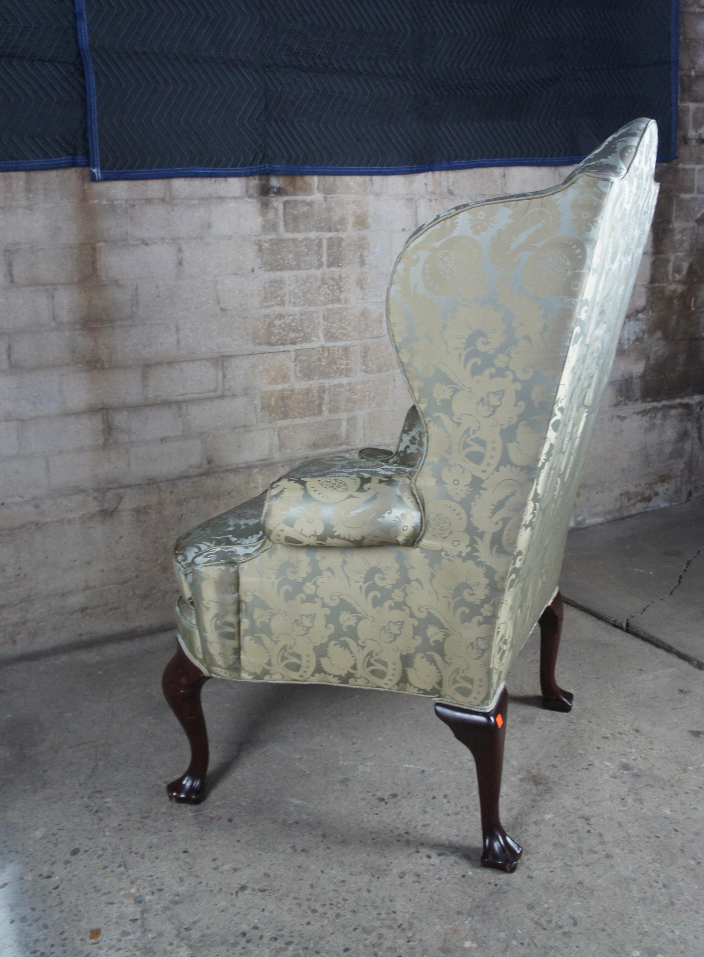 2 Antique Queen Anne Mahogany Wingback Arm Chairs Chippendale Damask Fabric In Good Condition In Dayton, OH