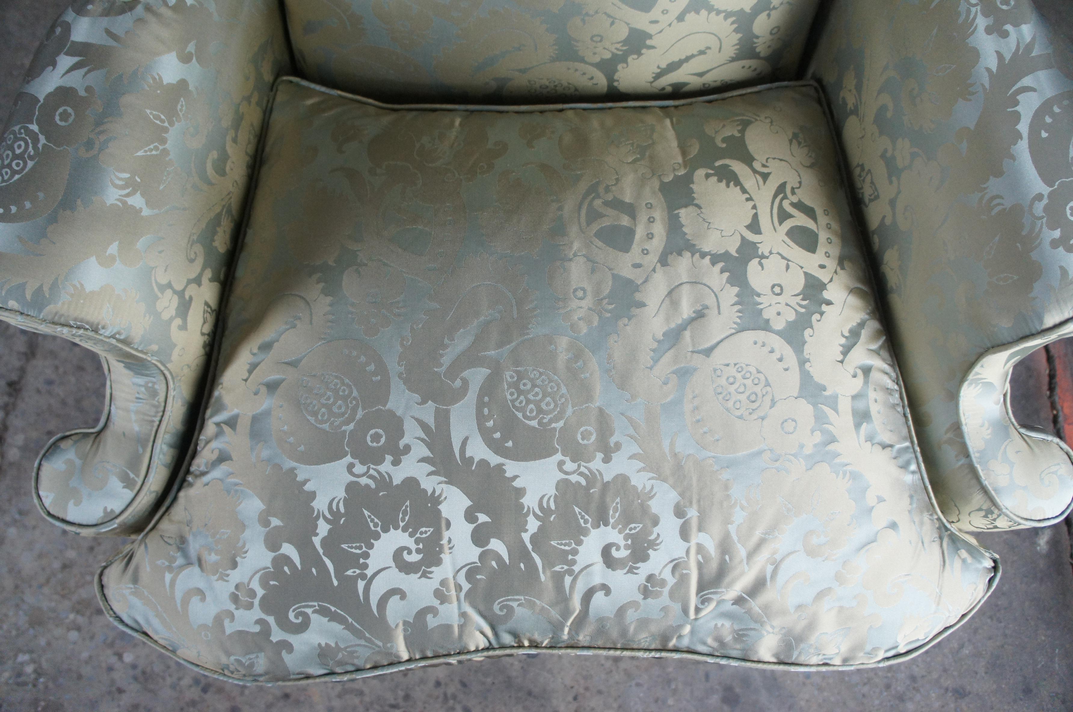Upholstery 2 Antique Queen Anne Mahogany Wingback Arm Chairs Chippendale Damask Fabric