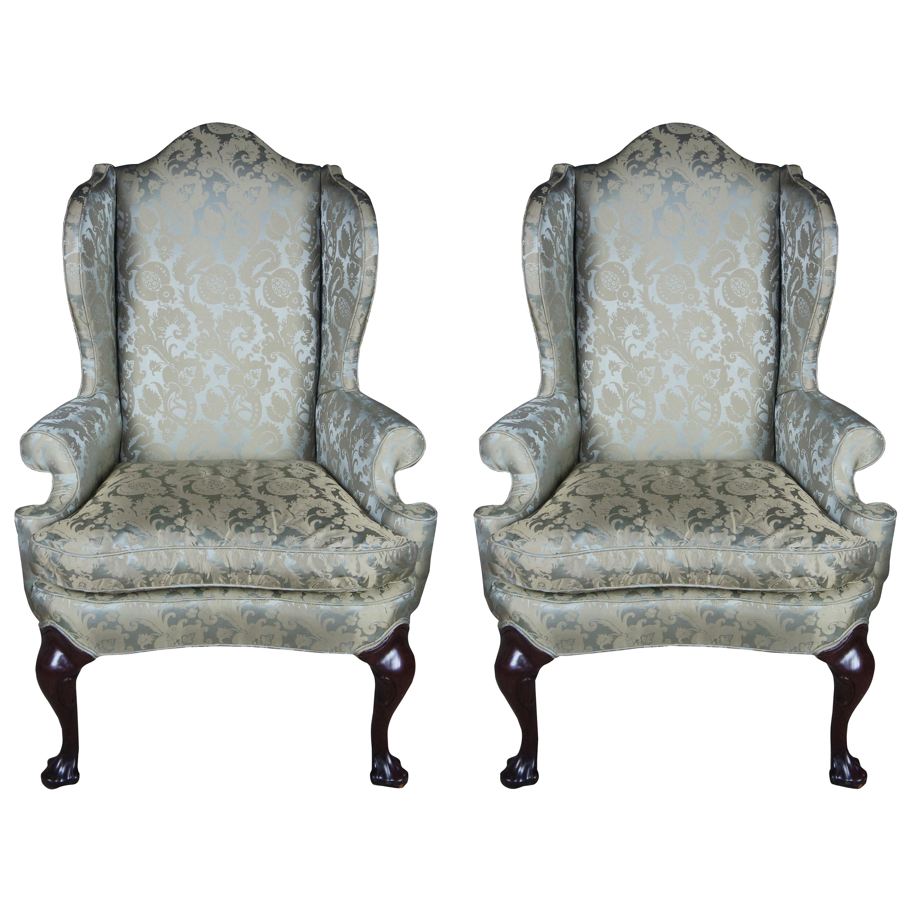 2 Antique Queen Anne Mahogany Wingback Arm Chairs Chippendale Damask Fabric