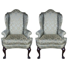 2 Antique Queen Anne Mahogany Wingback Arm Chairs Chippendale Damask Fabric