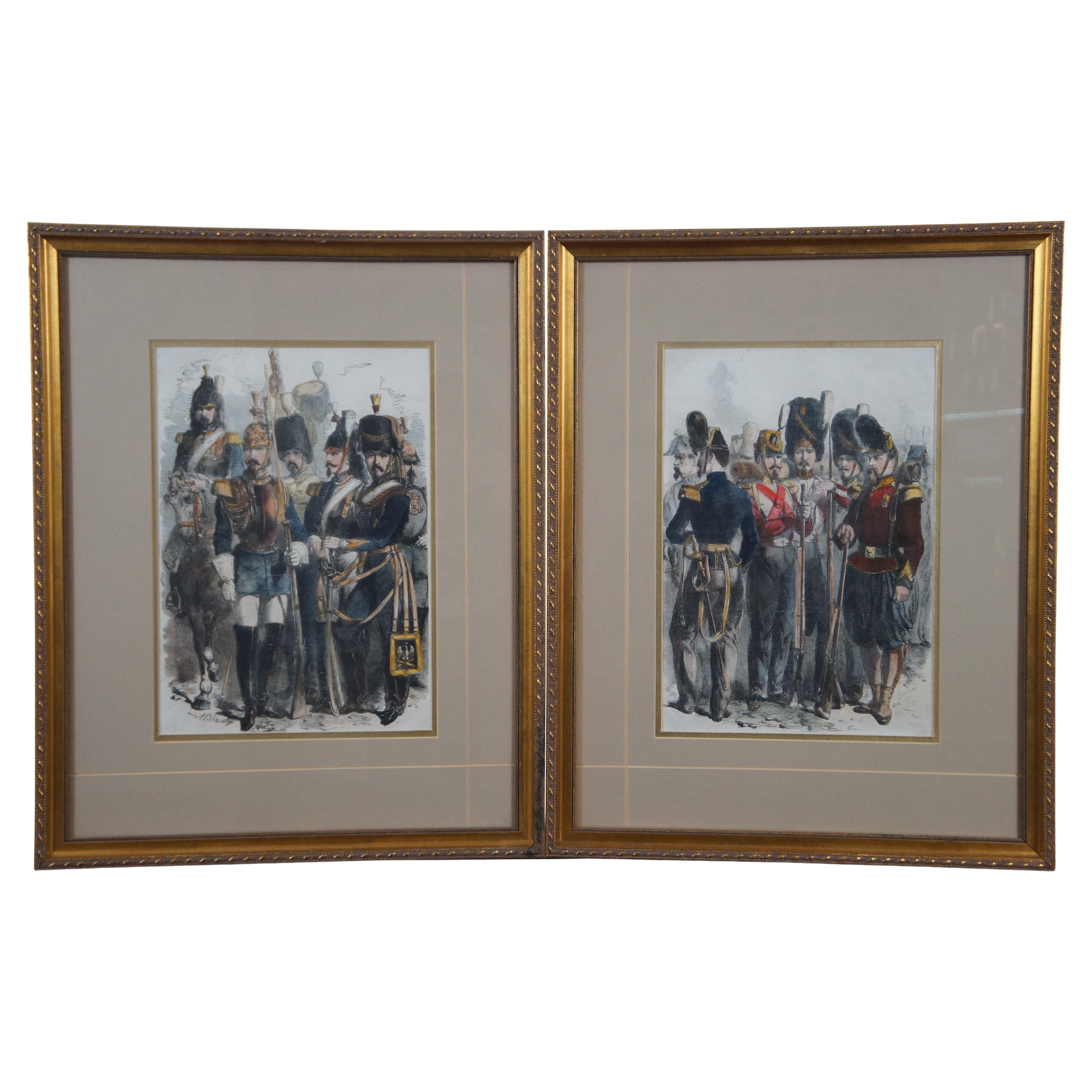 2 gravures anciennes couleur de l'infanterie et de la cavalerie impériale française 22 po