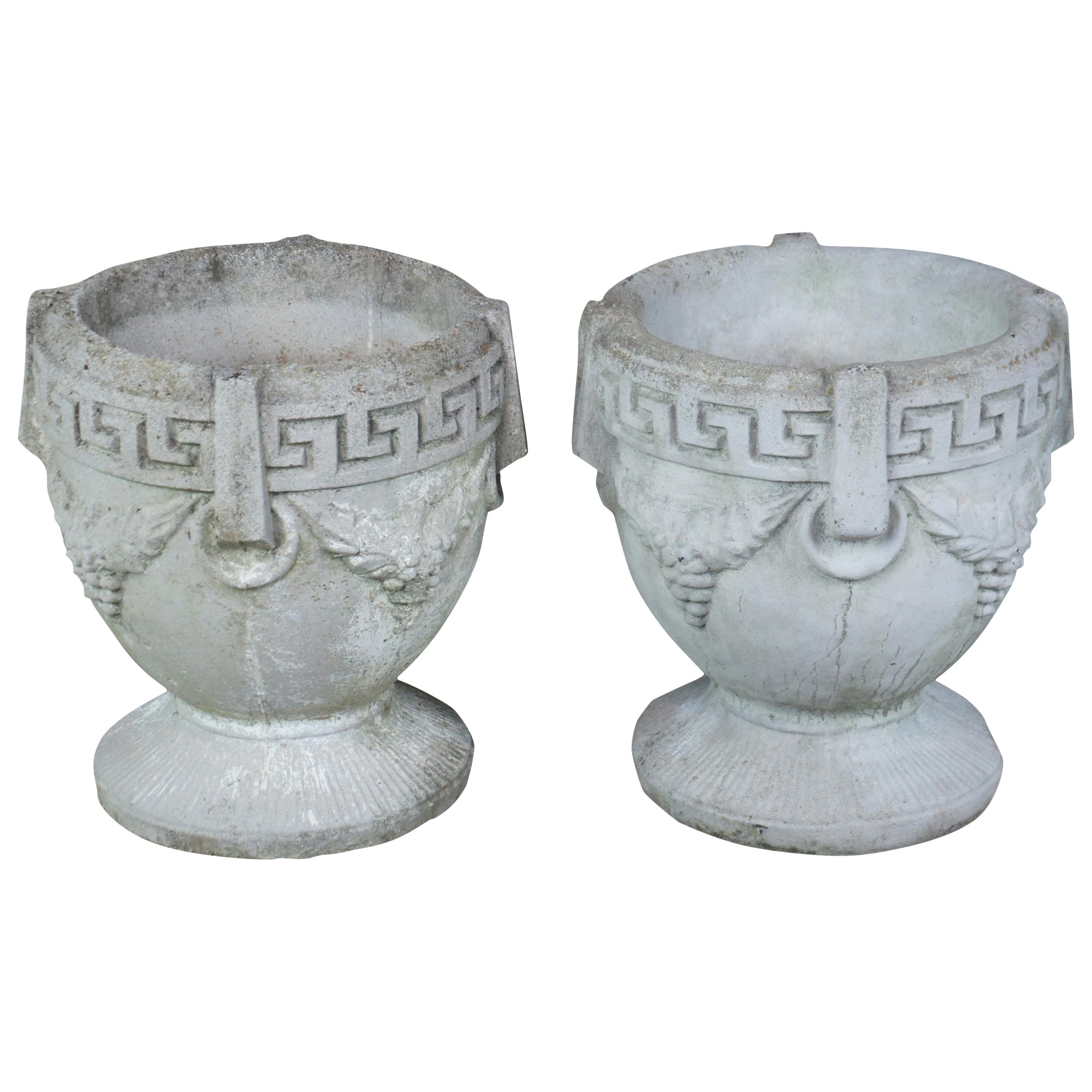 2 Antique Concrete Grecian Greek Key and Grape Garden Flower Planters Pots Urns