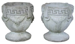 2 Antique Concrete Grecian Greek Key and Grape Garden Flower Planters Pots Urns