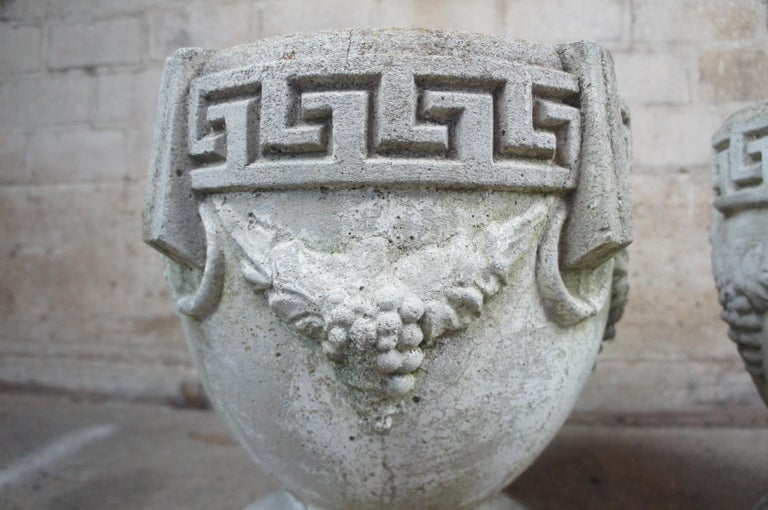 2 Antique Concrete Grecian Greek Key And Grape Garden Flower Planters Pots Urns For Sale At 1stdibs