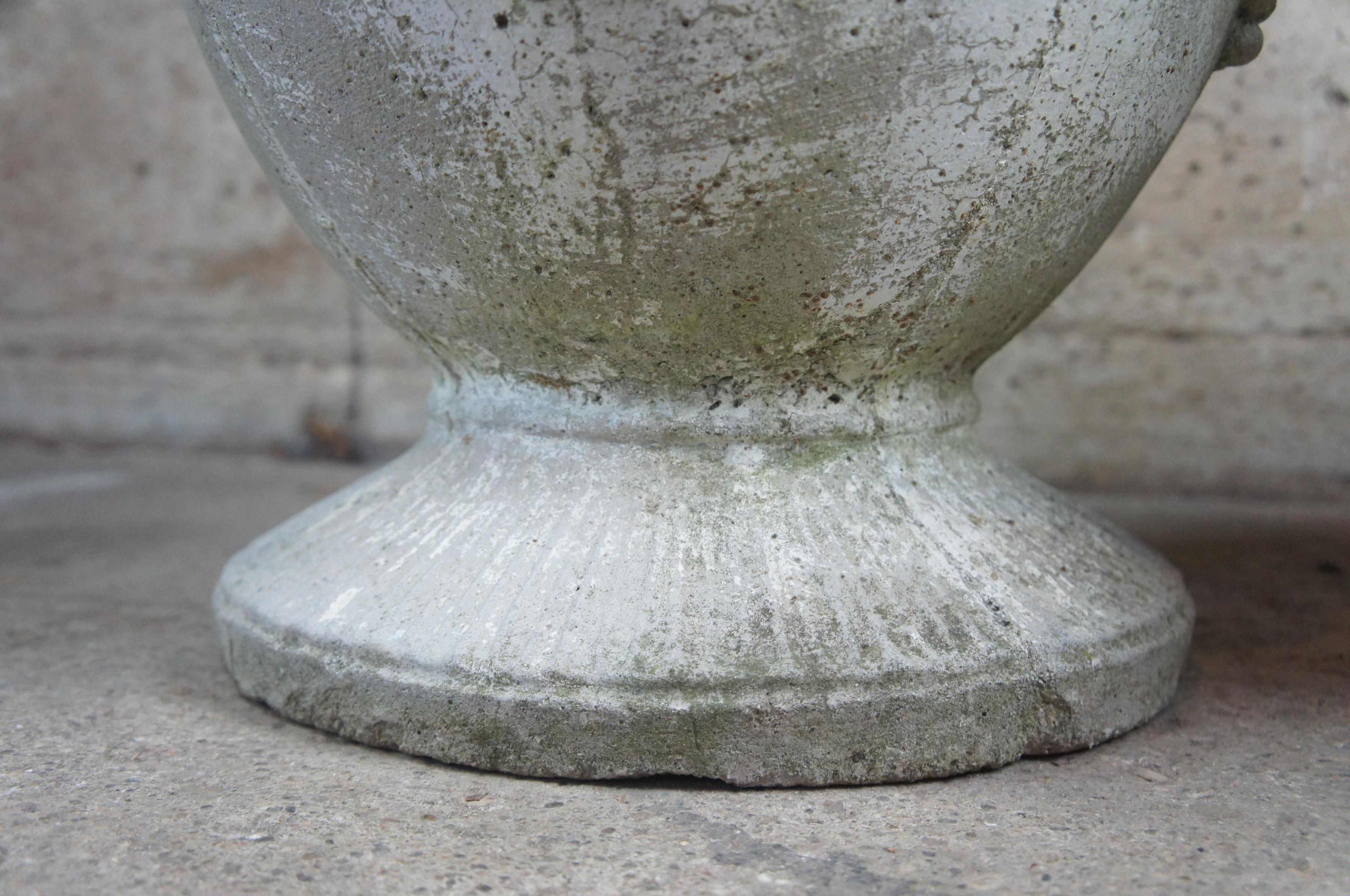 2 Antique Concrete Grecian Greek Key and Grape Garden Flower Planters Pots Urns In Good Condition In Dayton, OH