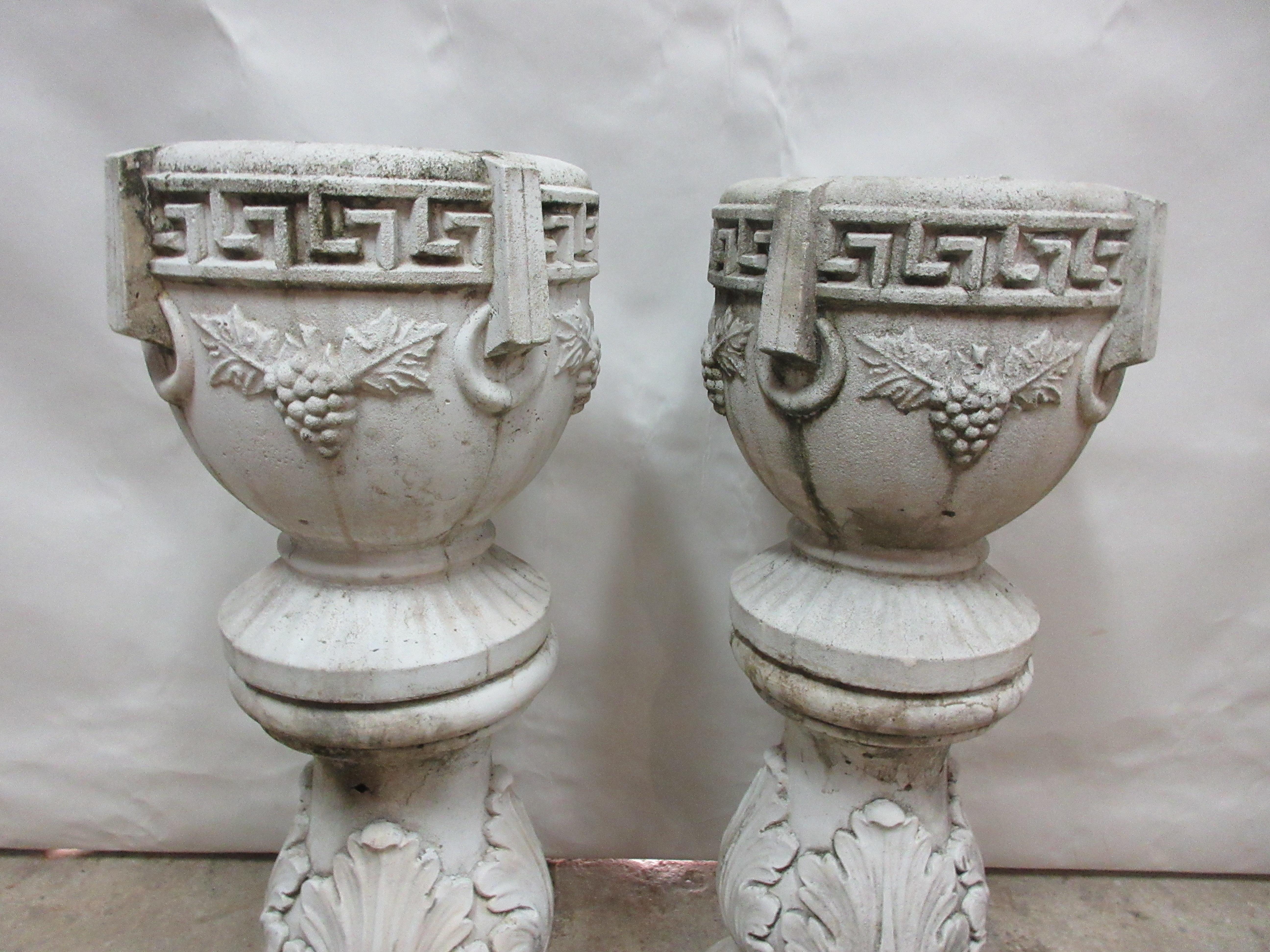These 2 Antique Concrete Grecian Greek key urns & pedestals where found at an Estate auction in Palm Beach Florida. The Pedestals are marked 