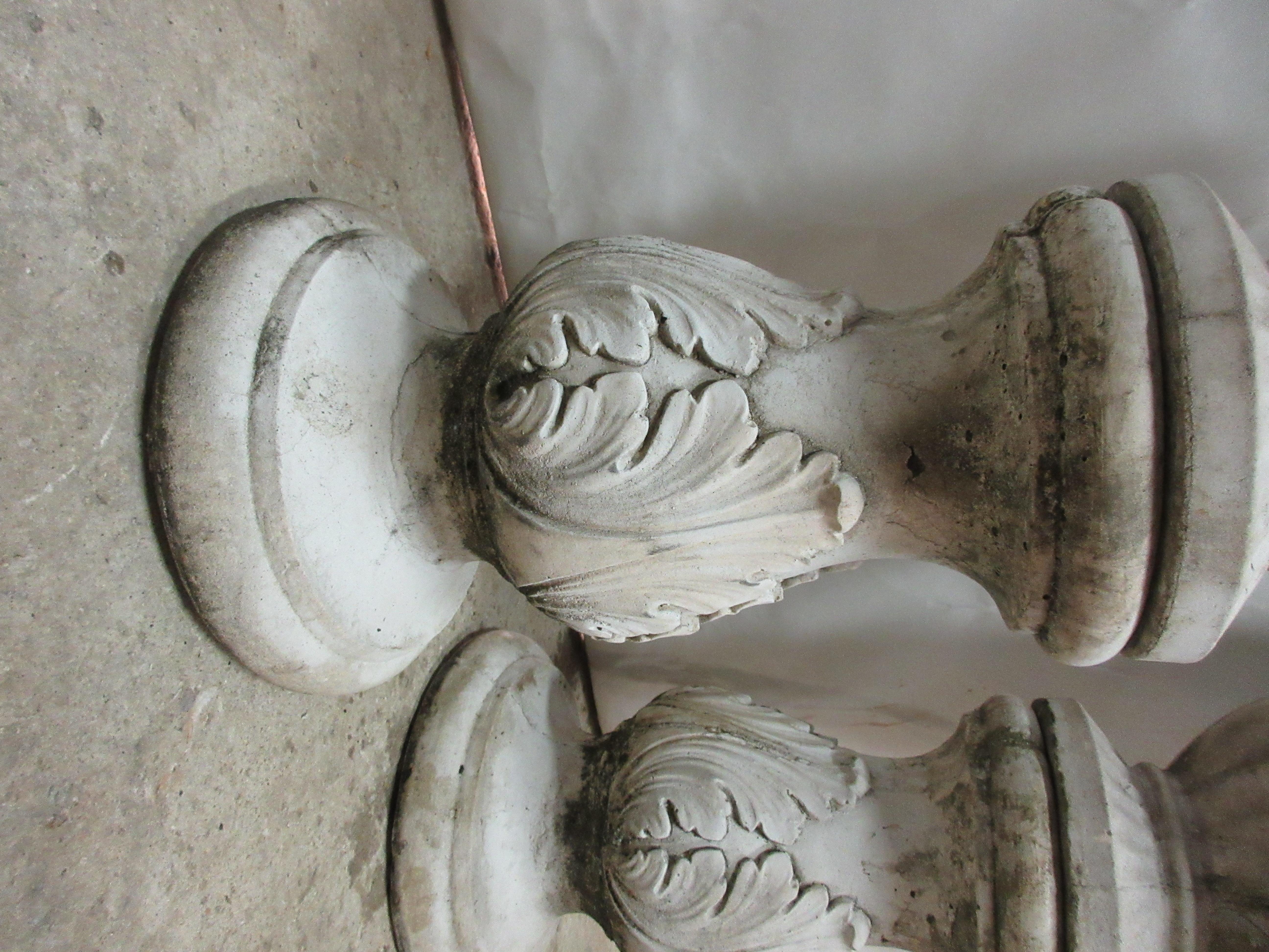 Classical Greek  2 Antique Concrete Grecian Greek Key Urns & Pedestals