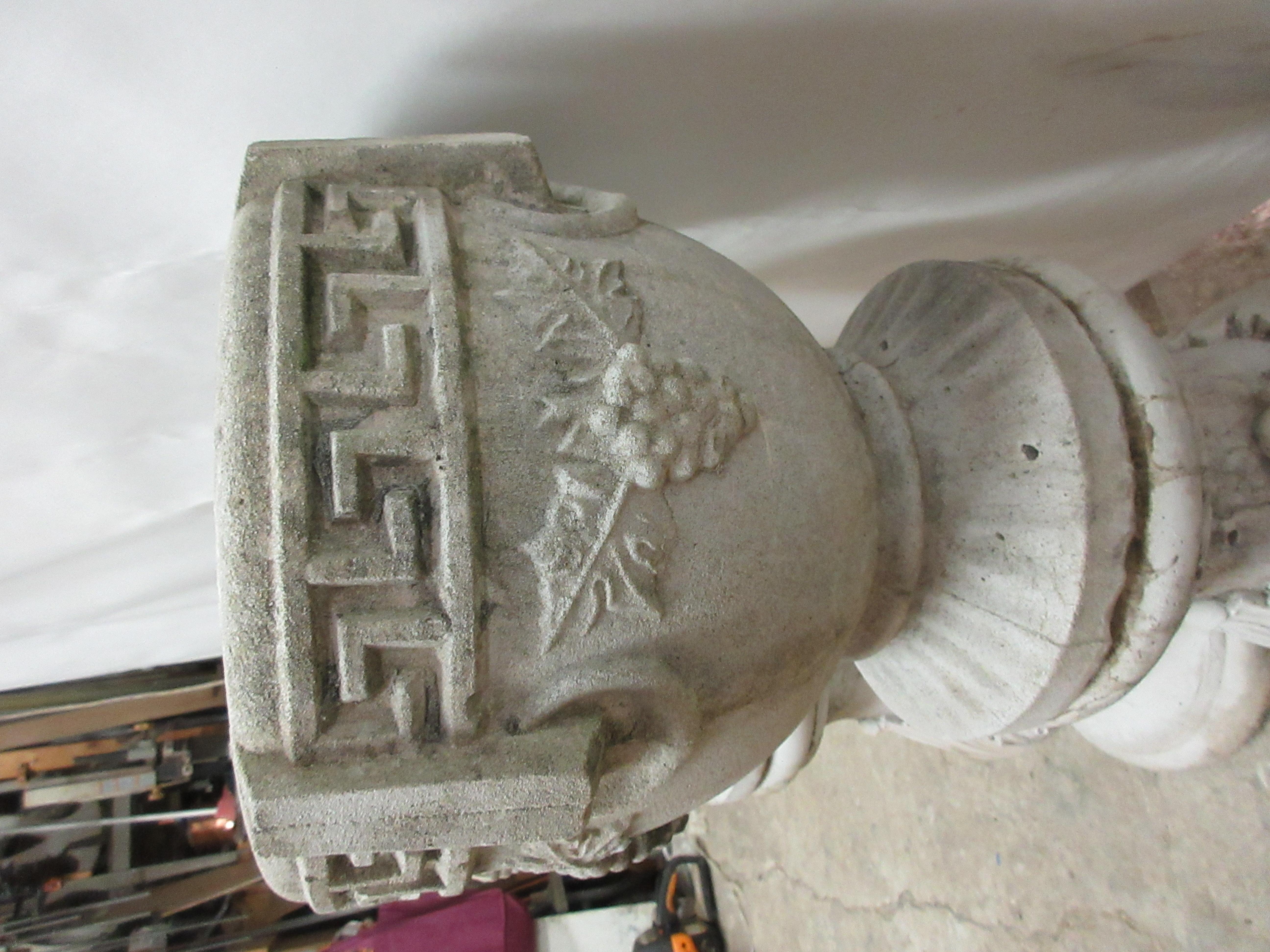 American  2 Antique Concrete Grecian Greek Key Urns & Pedestals