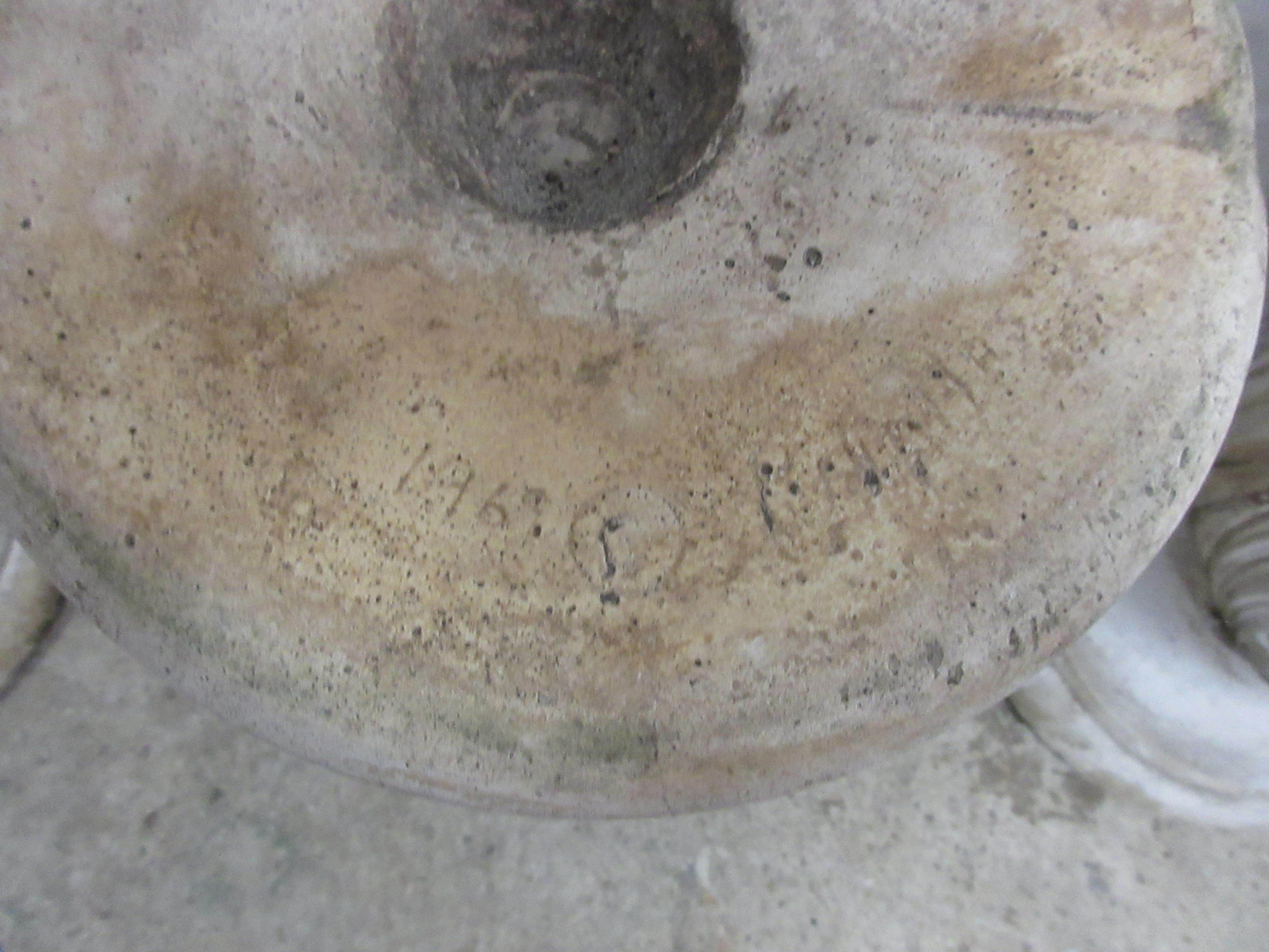  2 Antique Concrete Grecian Greek Key Urns & Pedestals 1