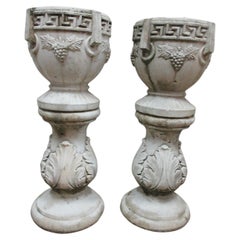  2 Antique Concrete Grecian Greek Key Urns & Pedestals
