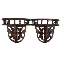 2 Antique Demilune Mahogany Rose Wall Brackets Gallery Sconce Shelves 14"