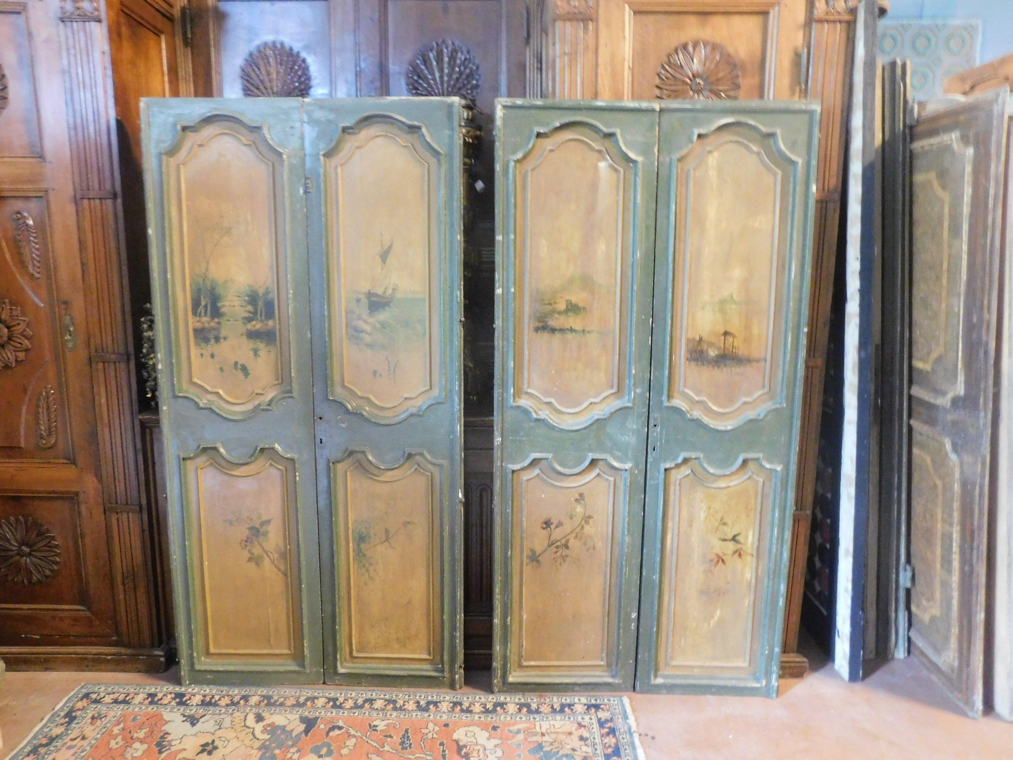 N.2 ancient double green and yellow lacquered doors with painted landscapes, painted with landscapes on both sides, strong and beautiful colors, first original lacquer and handmade painting in the 1700 in Italy (Florence), very beautiful and well