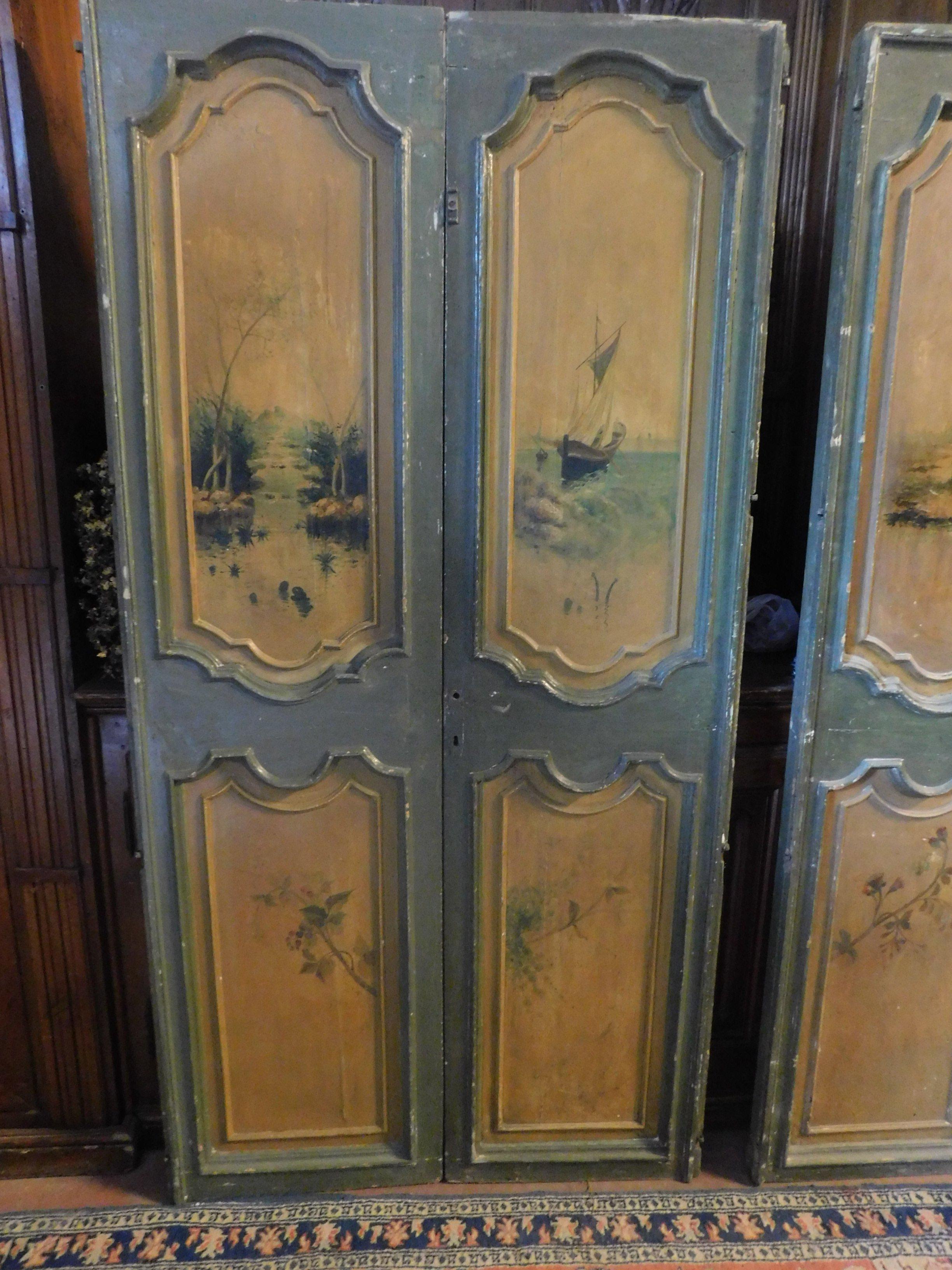 Italian 2 Antique Double Green and Yellow Lacquered Doors Painted Landscapes 1700, Italy For Sale