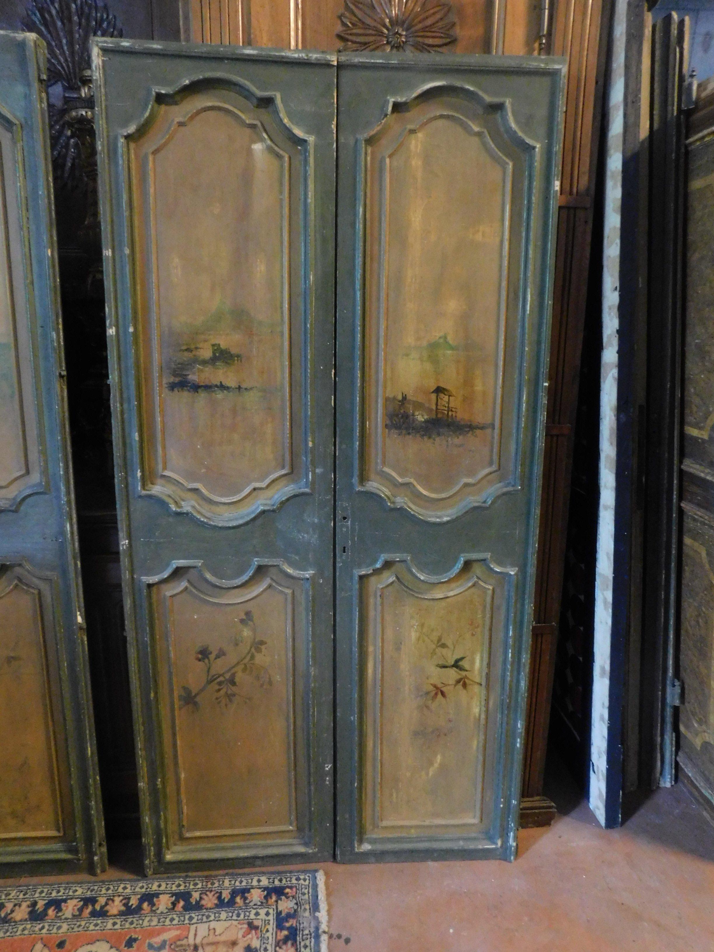 Hand-Painted 2 Antique Double Green and Yellow Lacquered Doors Painted Landscapes 1700, Italy For Sale