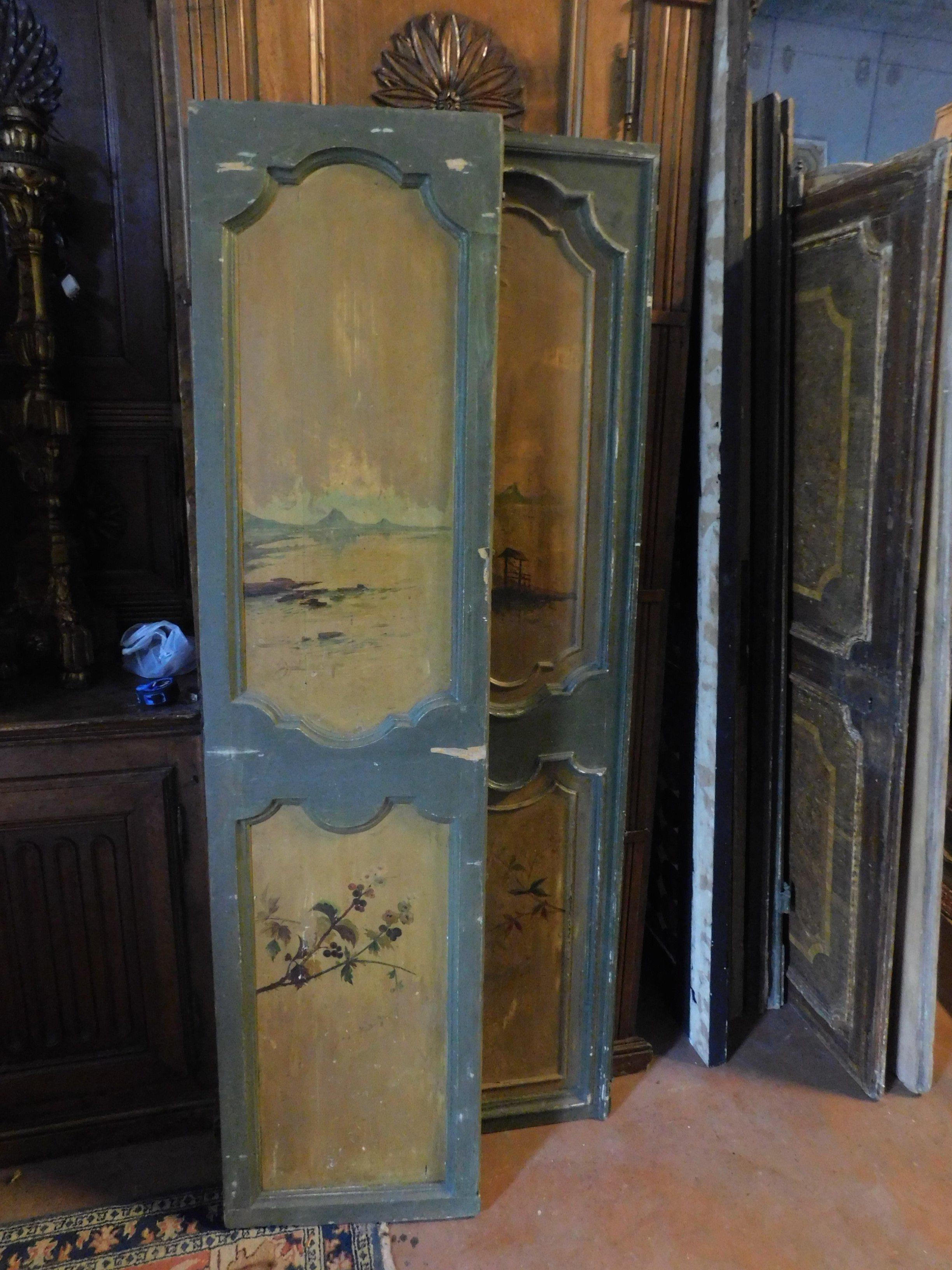 18th Century and Earlier 2 Antique Double Green and Yellow Lacquered Doors Painted Landscapes 1700, Italy For Sale