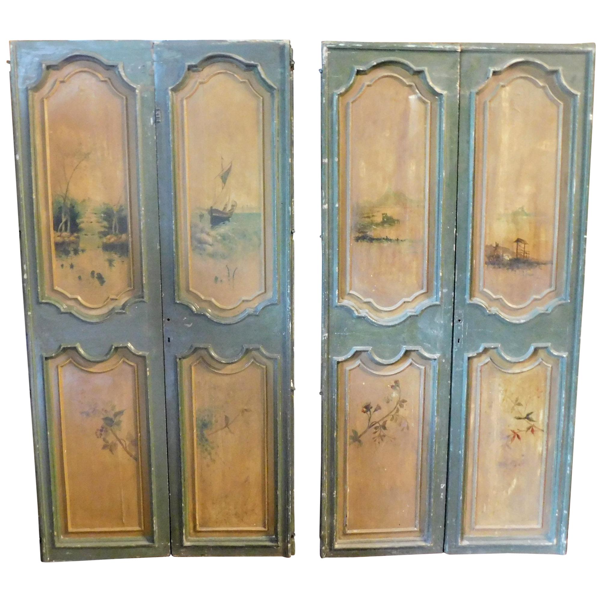 2 Antique Double Green and Yellow Lacquered Doors Painted Landscapes 1700, Italy For Sale