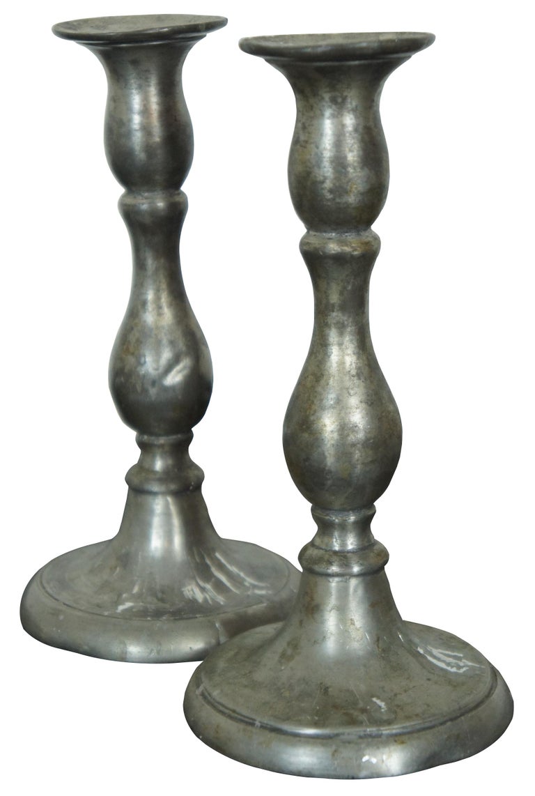 2 Antique Early American Pewter Baluster Taper Candlesticks Candle Holders 7" at 1stDibs