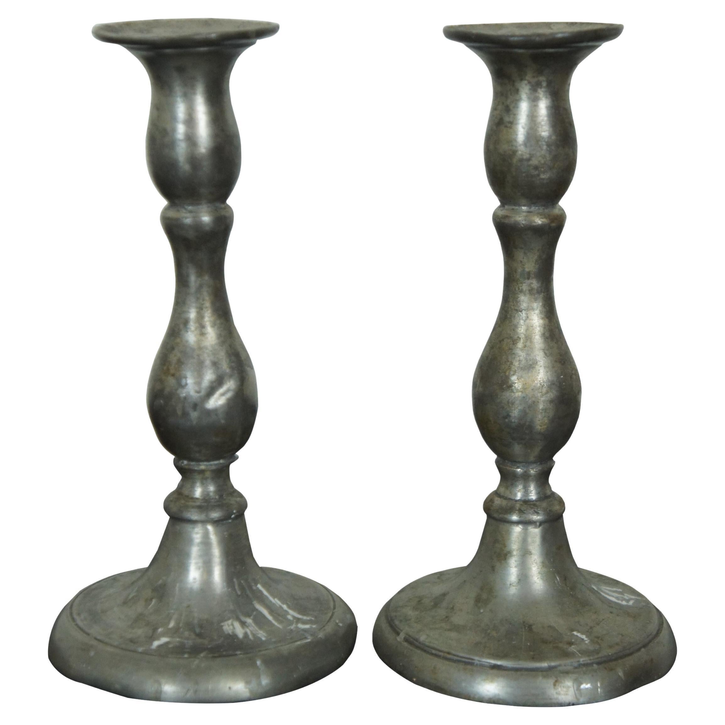 2 Antique Early American Pewter Baluster Taper Candlesticks Candle Holders 7"