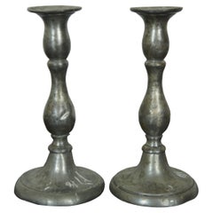 2 Antique Early American Pewter Baluster Taper Candlesticks Candle Holders 7"