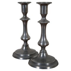 2 Antique Early American Pewter Push Up Taper Candlesticks Candle Holders