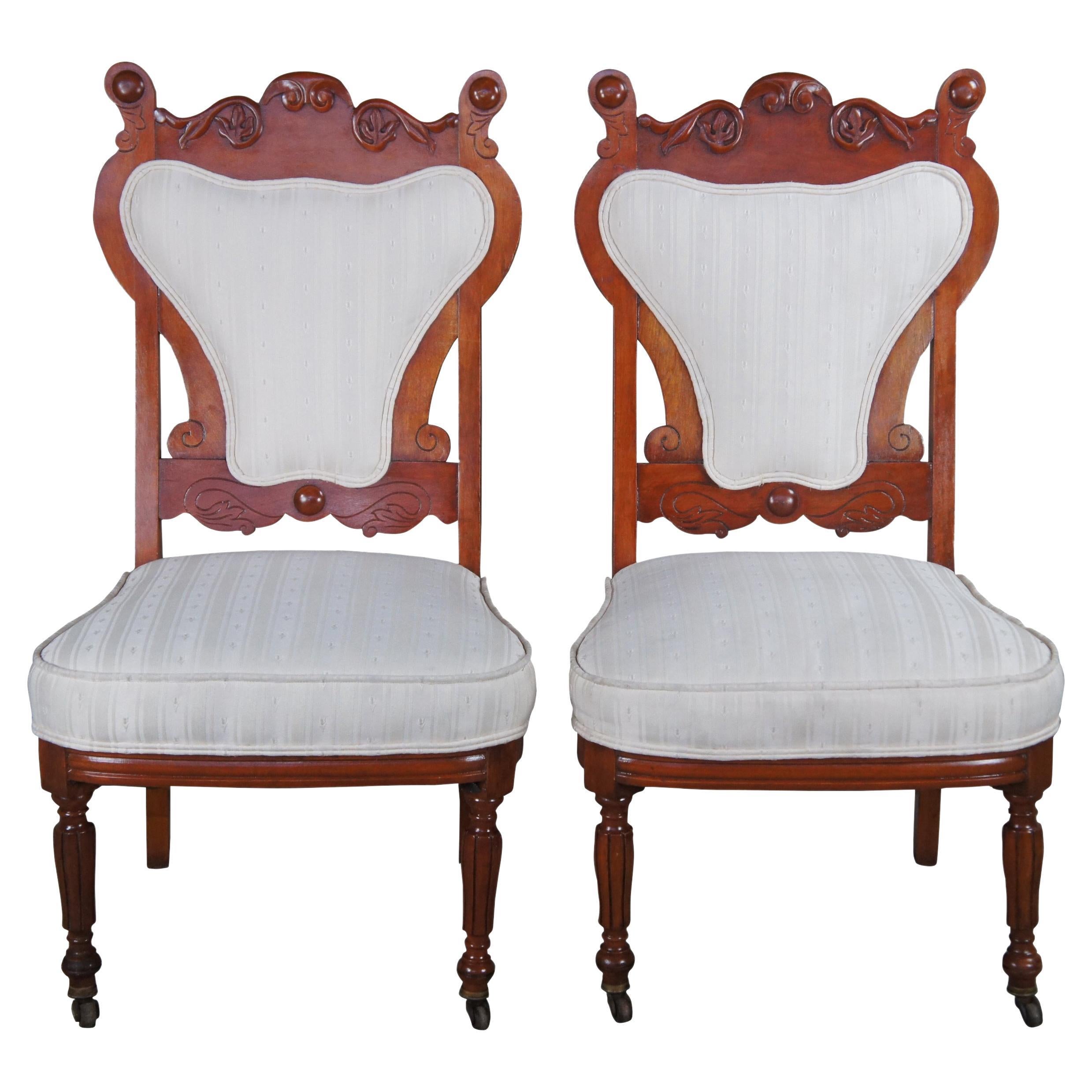 2 Antique Edwardian Carved Mahogany Parlor Balloon Back Dining Side Chairs Pair For Sale