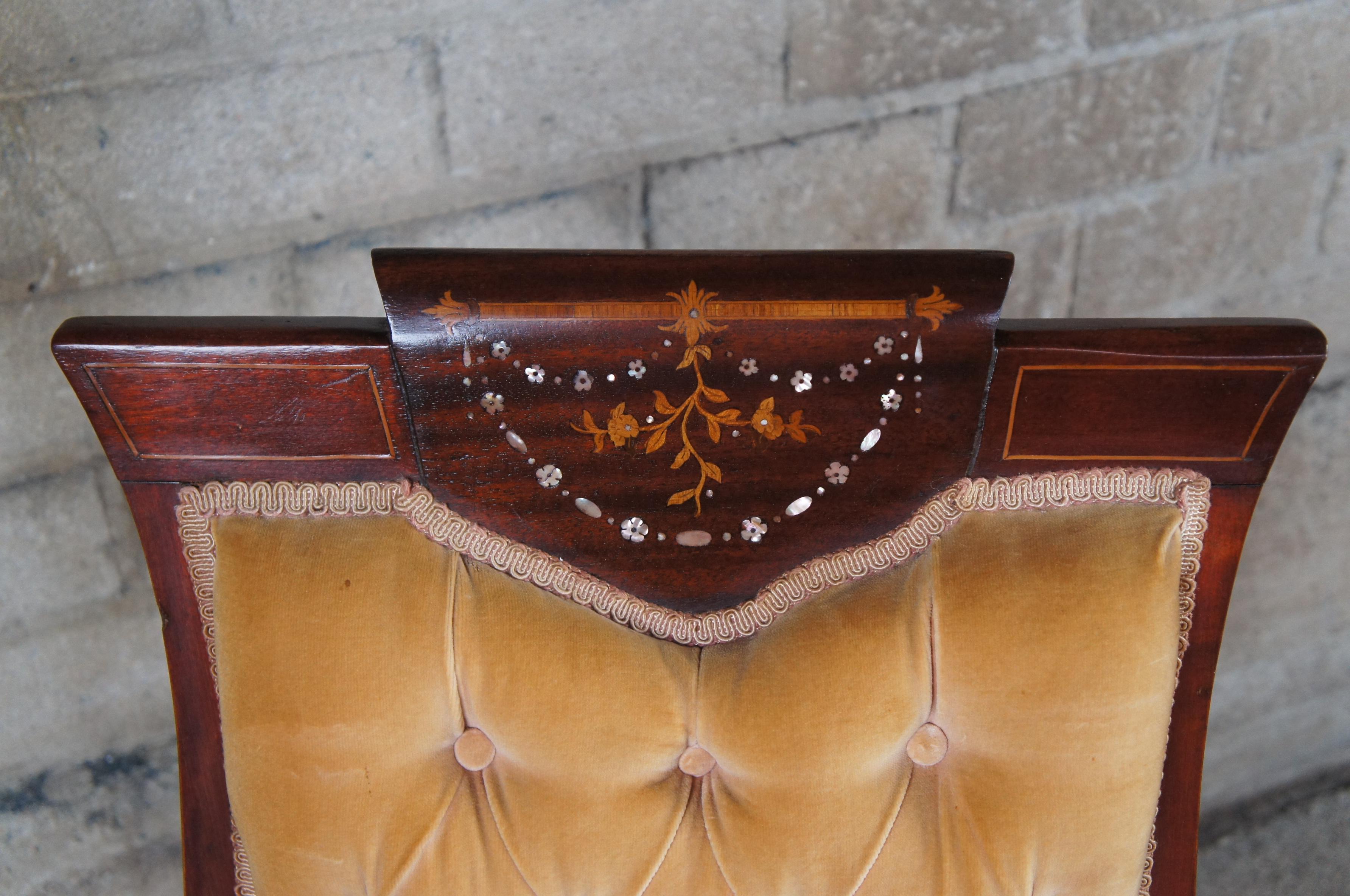 20th Century 2 Antique Edwardian Mahogany Chairs Marquetry Mother of Pearl Tufted Shield Back