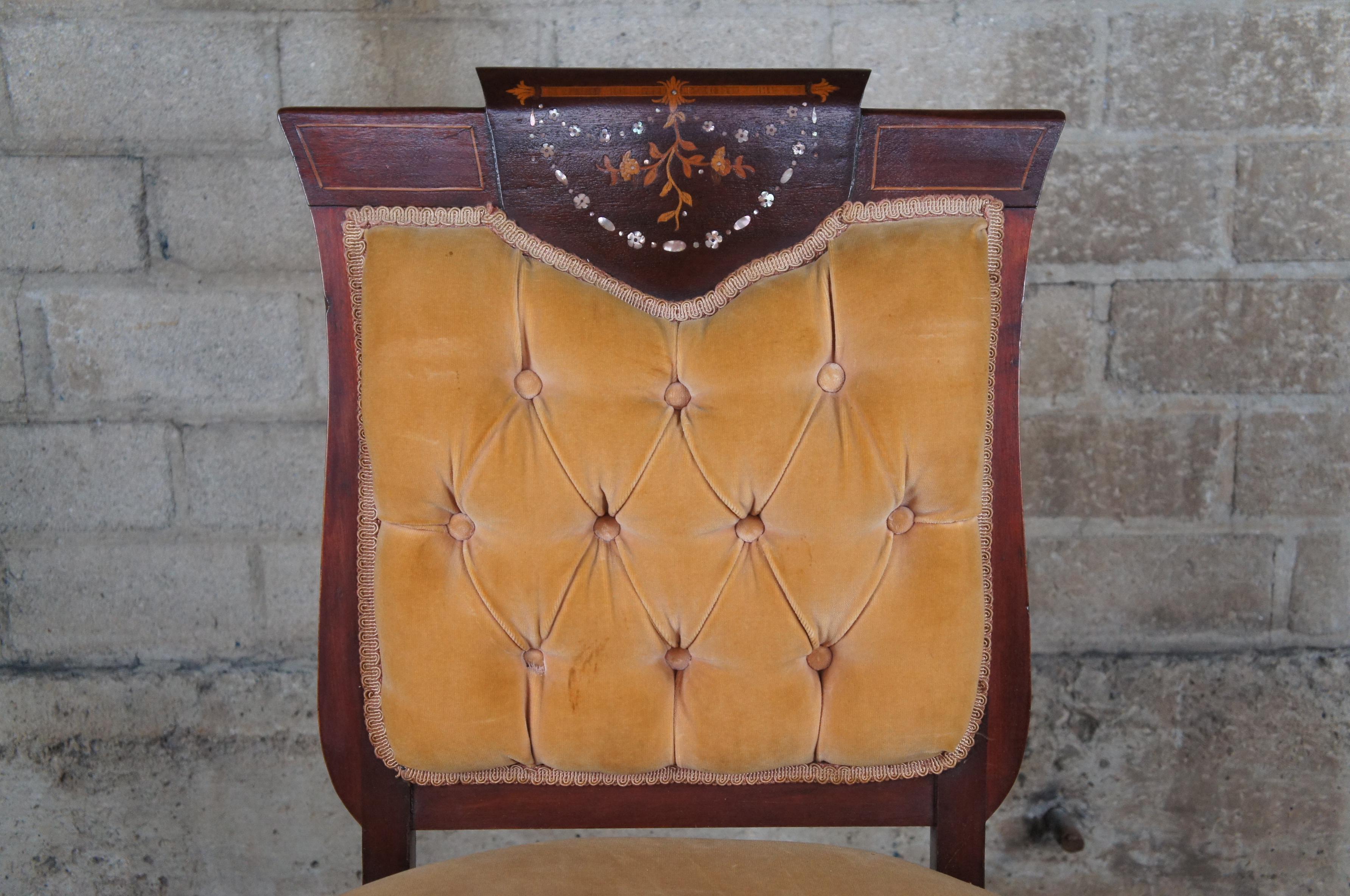 Upholstery 2 Antique Edwardian Mahogany Chairs Marquetry Mother of Pearl Tufted Shield Back