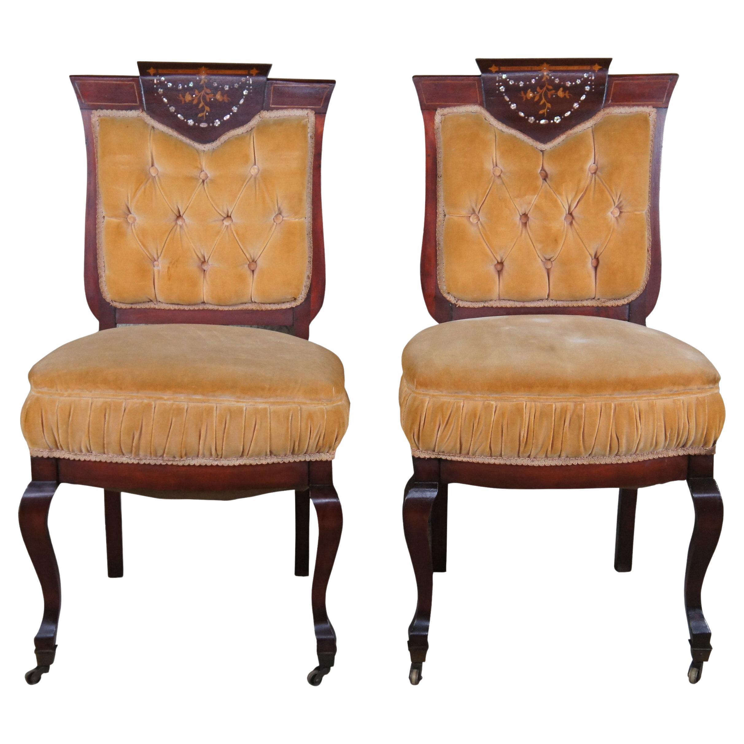 2 Antique Edwardian Mahogany Chairs Marquetry Mother of Pearl Tufted Shield Back