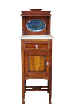 2 lavabos anciens de style édouardien en acajou, avec incrustations néoclassiques et miroir à plateau en marbre