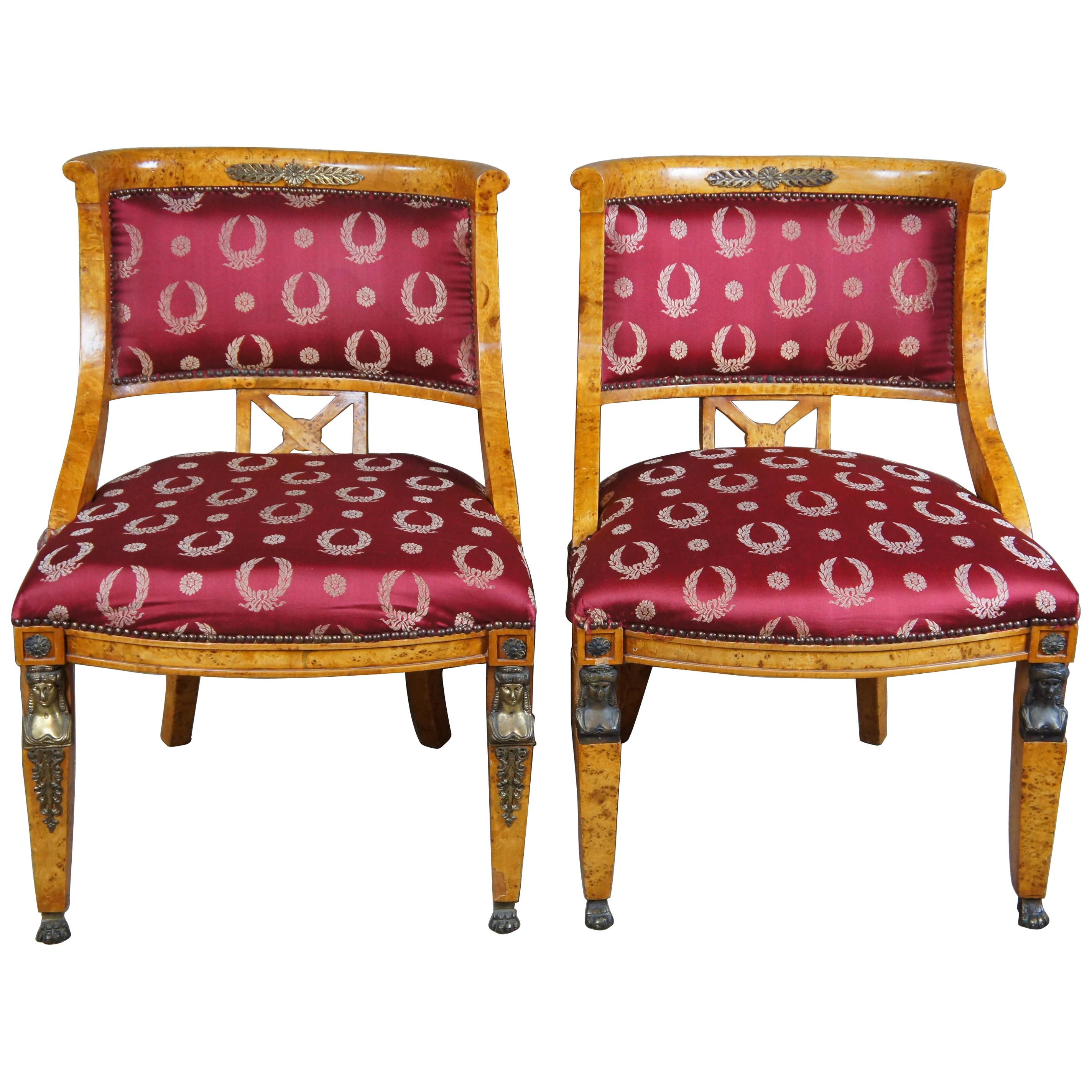 2 Antique Egyptian Revival Olive Burlwood Parlor Chairs Neoclassical For Sale