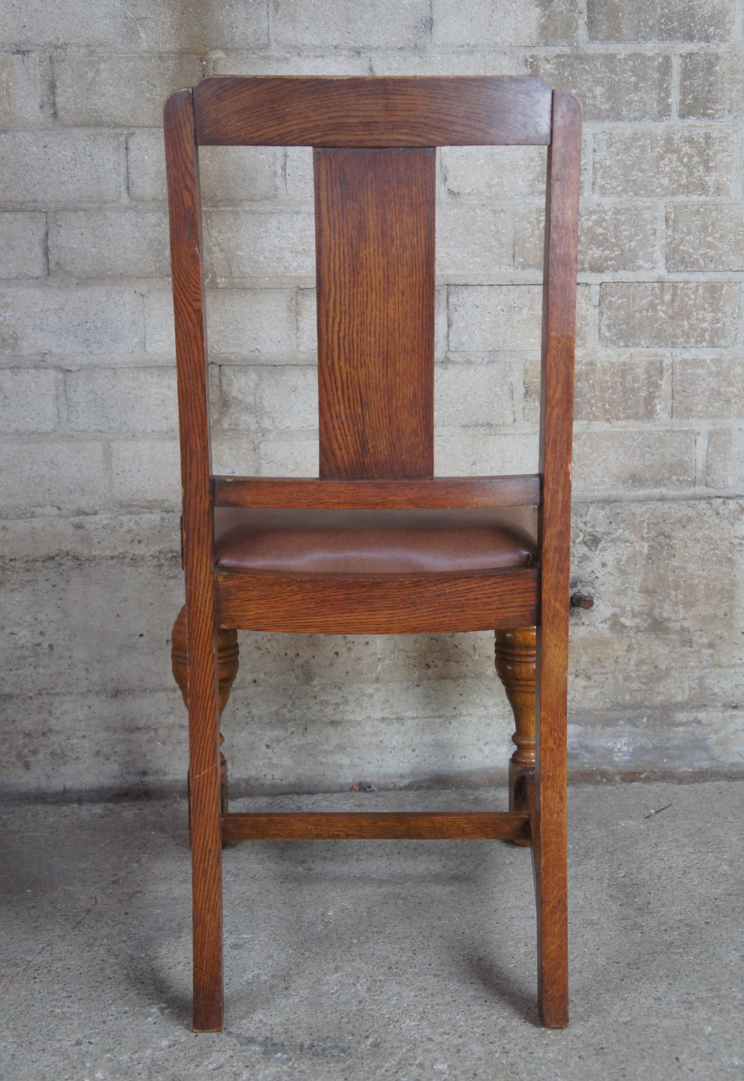 Leather 2 Antique Jacob Summer & Sons Elizabethan Jacobean English Oak Dining Chairs For Sale