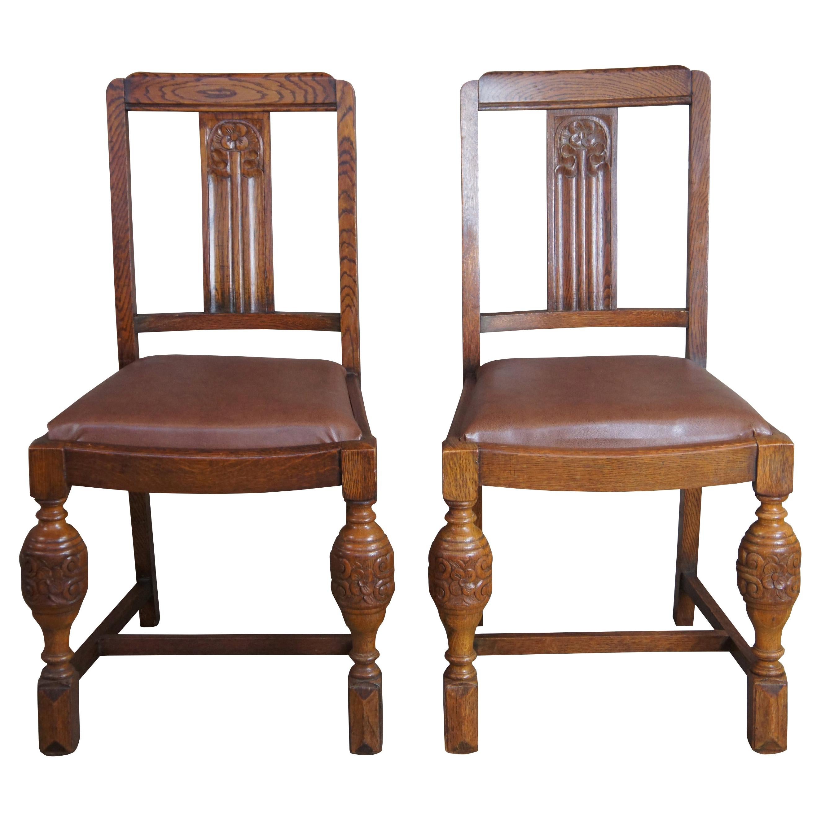 2 Antique Jacob Summer & Sons Elizabethan Jacobean English Oak Dining Chairs